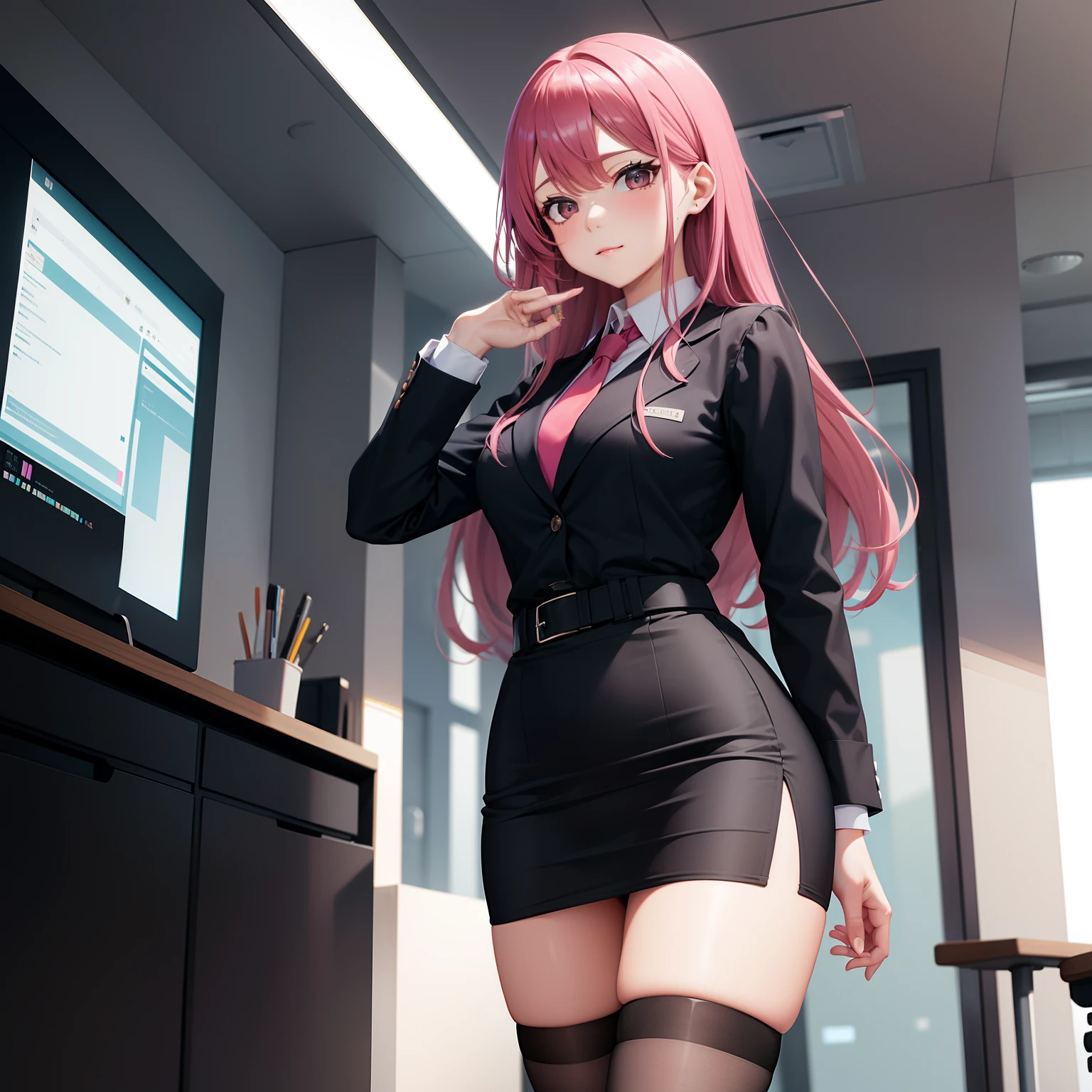 Office lady, black stockings, miniskirt, long pink hair, clocking out, solo, office, looking at viewer, front view,