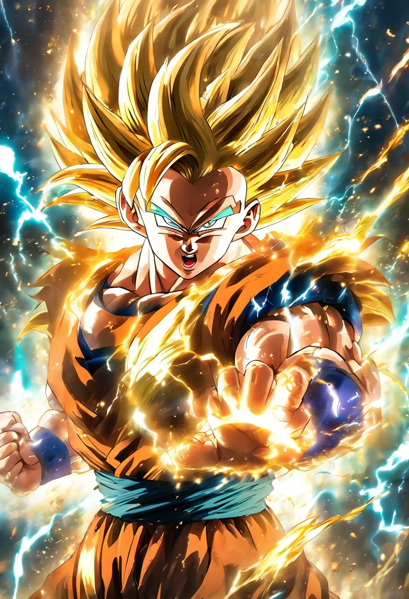 (best quality,4k,8k,highres,masterpiece:1.2),ultra-detailed,(realistic,photorealistic,photo-realistic:1.37),Gohan Super Saiyan 2,[Dragon Ball Z:1.1],intense power aura,yellow energy blasts,fierce expression,surrounded by lightning,spiky golden hair,rippling muscles,battle-ready stance,floating in mid-air,against a dark backdrop, with crackling energy,blurred motion lines,fighting a powerful enemy,emitting waves of energy,sparkling visual effects, vibrant colors, intense battle atmosphere