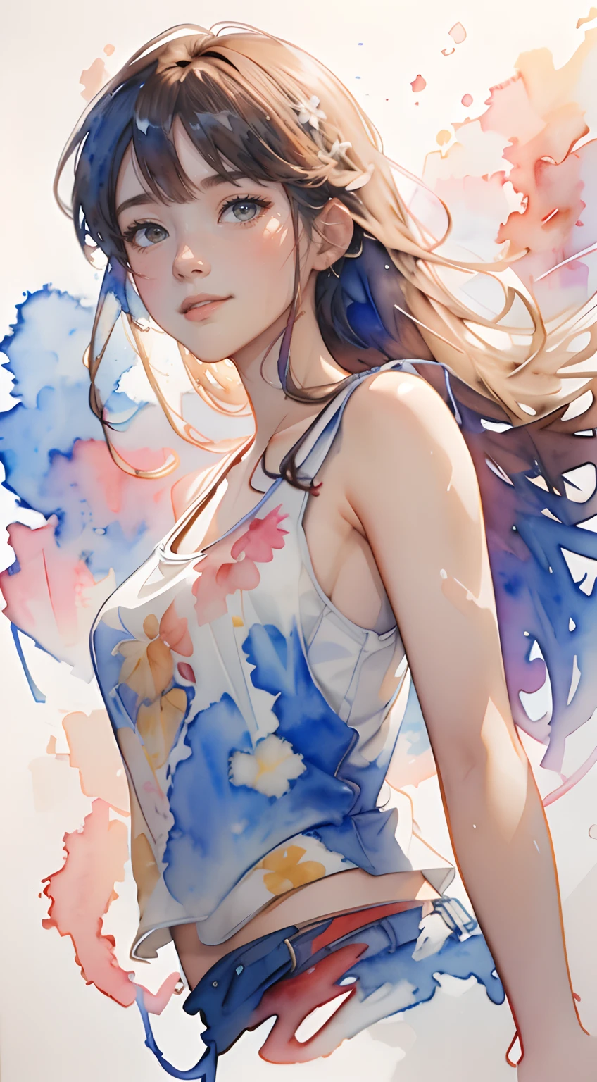 8K,​masterpiece,top-quality, From below , From below ,Dynamic Pose,1girl in, Portrait, Floral, watercolor sketch, light, Long hair, Reaching out,ssmile, watercolor paiting \(Medium\),watercolor paiting,Tank Tops