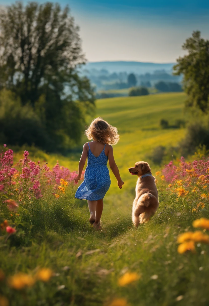 sunny clear blue sky,Splendid flowers are in bloom,Girl running happily with puppy in the field