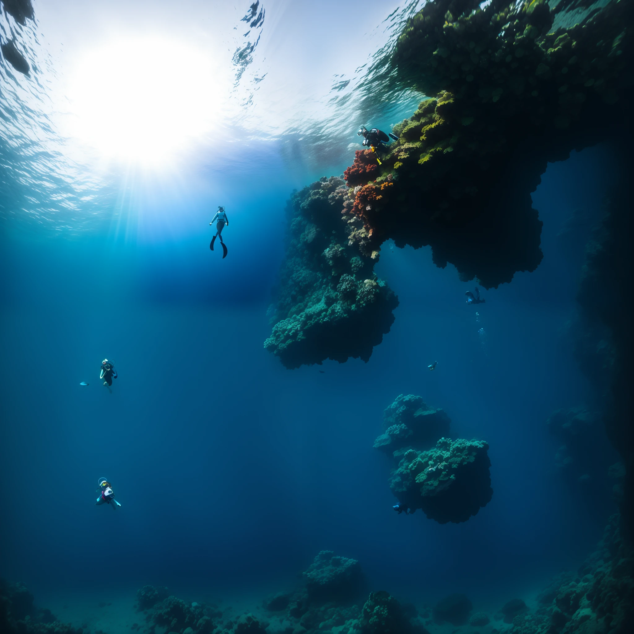 Araped woman wearing a scuba mask and swimming in the sea, The diver is at the bottom of the sea, The diver is at the bottom of the sea, Swimming to the surface, Photo in the middle of the sea, Underwater scenery, Underwater swimming, Underwater perspective, Swim in deep water, Standing at the bottom of the sea, In the middle of the sea, Looking up underwater, Red Sea, Underwater view,Wooden table below