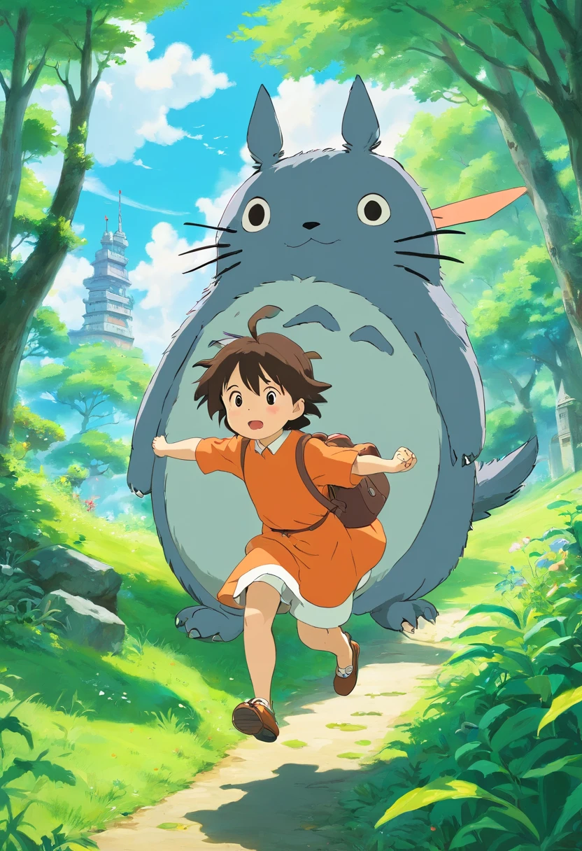 children playing, en un prado verde, Real anime costume design, Viaje de Chihiro, Totoro. detallado, colorido, cielo azul con dragon blanco volando.
