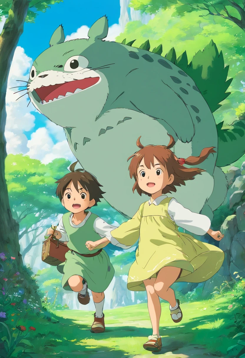 children playing, en un prado verde, Real anime costume design, Viaje de Chihiro, Totoro. detallado, colorido, cielo azul con dragon blanco volando.