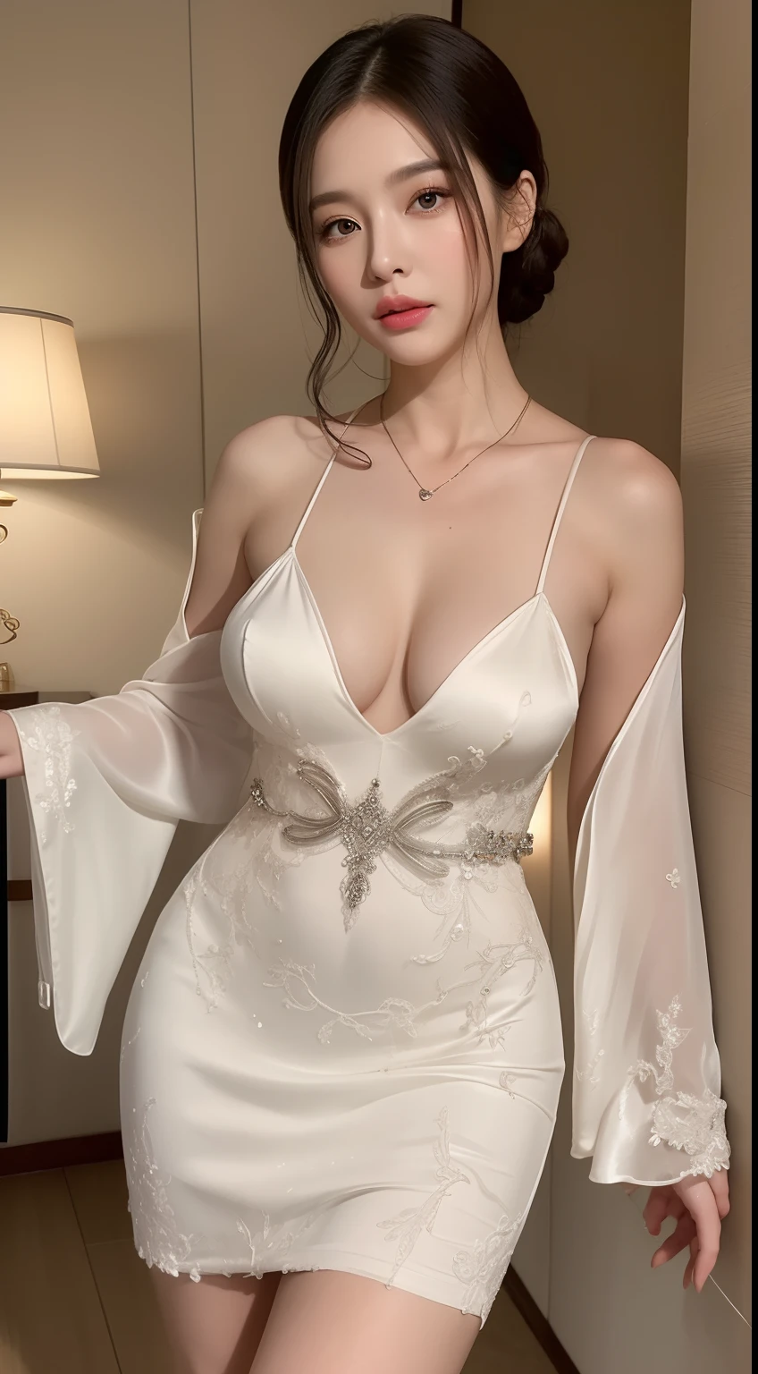 Ultra detail, high resolution, Ultra detailed, Best quality, Amazing, Top quality,Unified 8K wallpapers, Cinematic lighting, fully body photo，The is standing，South Korean beauties，Wear silk sexy low-cut dressing gown，Wear high heels，Wearing a beautiful necklace，耳Nipple Ring