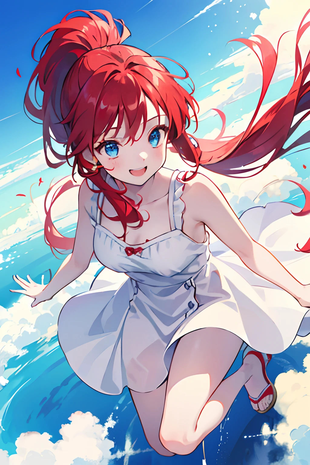 1girl, red hair, long hair, (ponytail), upside ponytail, blue eyes, (wearing a white sundress), flying in the sky, ((flying in the above)), (with legs floating in the air), in the sky, (in the above), smiling, happy, blue sky, clear sky, the sun, many clouds, dynamic pose