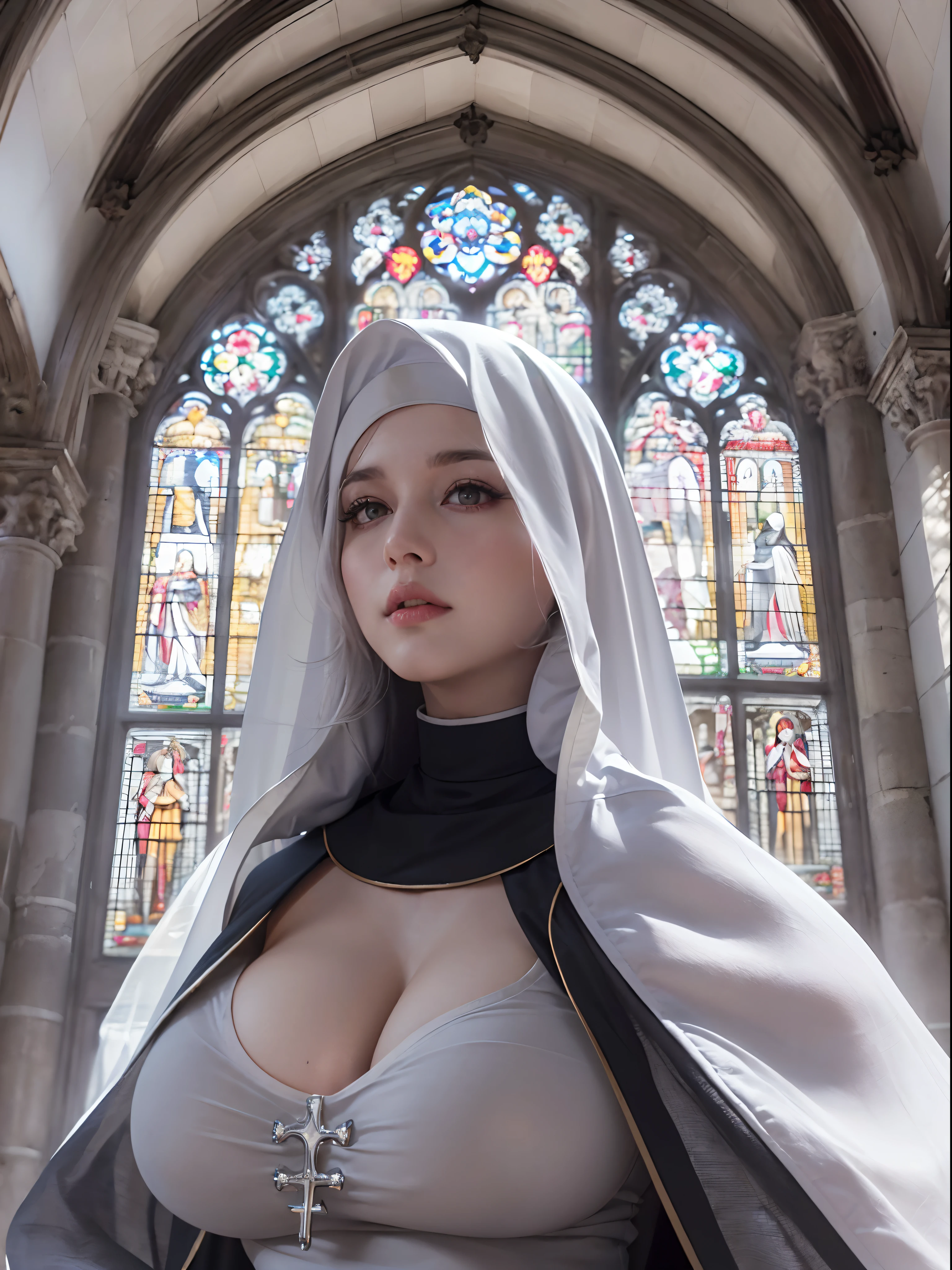 Stunning girl, best quality, ultra high res, (photorealistic:1.4), (faded ash white hair:1), (gigantic breasts, large breasts, huge breasts:1.4), (big pointy nipples, perky nipples:1.2), droopy breasts, thick thighs, wide hips, ((revealing nun cosplay)), black nun robe, veil covering hair , looking at viewer, close up, church,