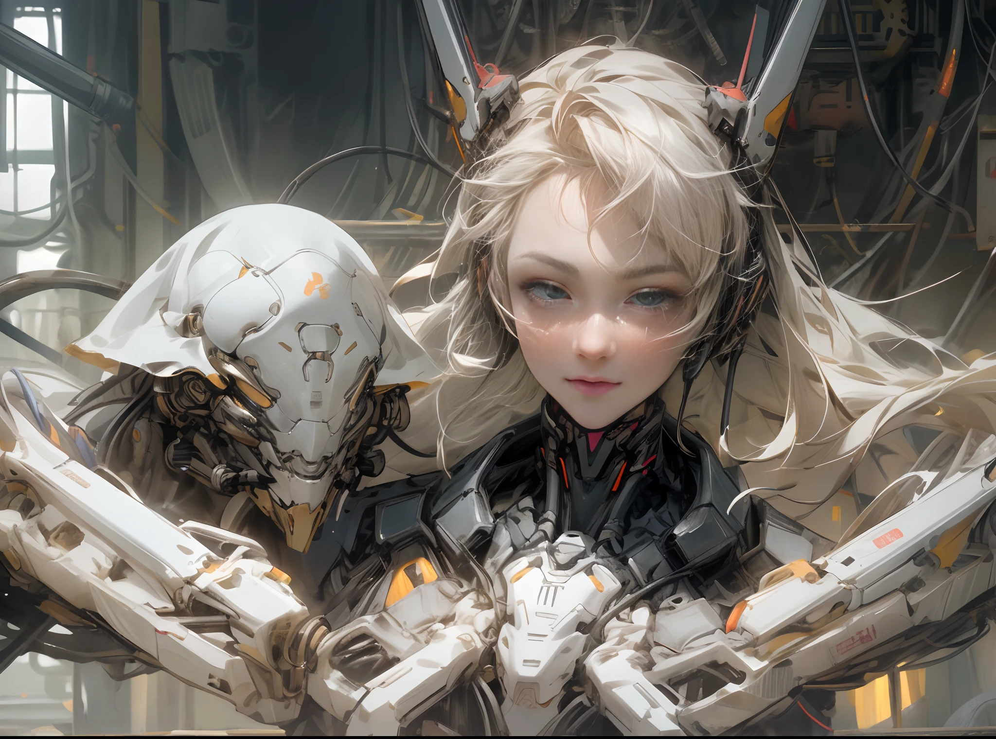 Top quality, Masterpiece, 超高分辨率, ((Photorealistic: 1.4), RAW photo, 1 Cyberpunk android girl, ((Portrait)), Glossy glossy skin, (hyper realistic detailed)), Clear plastic covers mechanical limbs, Tubes attached to mechanical parts, Mechanical vertebrae attached to the spine, mechanical cervical attachment to the neck, wires and cables connecting to head, Evangelion, ((Ghost in the Shell)), Luminous small light, globalillumination, Deep shadows, Octane rendering, 8K, ultrasharp, metal, Intricate Ornament Details, baroque detailed, very complex details, Realistic light, CGSoation trend, Facing the camera, neon light detail, (Android manufacturing plant in the background), art by H.r. Giger and Alphonse Mucha.