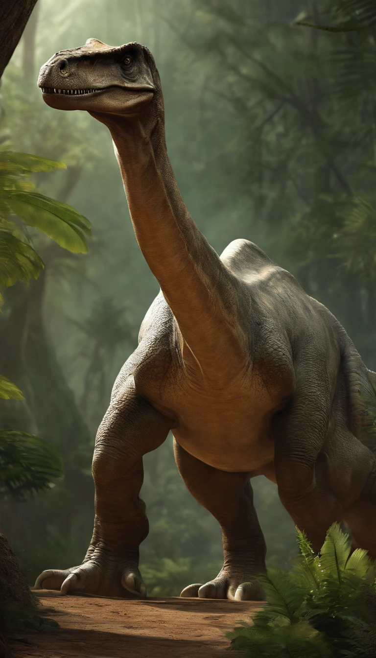 Dinosaurs, characterized by their long necks and tails, along with long, low-slung bodies, typically had two hands and two legs. Some of their plant-eating precursors eventually evolved into the massive sauropods during the late Jurassic period. Their diet was herbivorous. (masterpiece), (ultra-detailed), (8k)