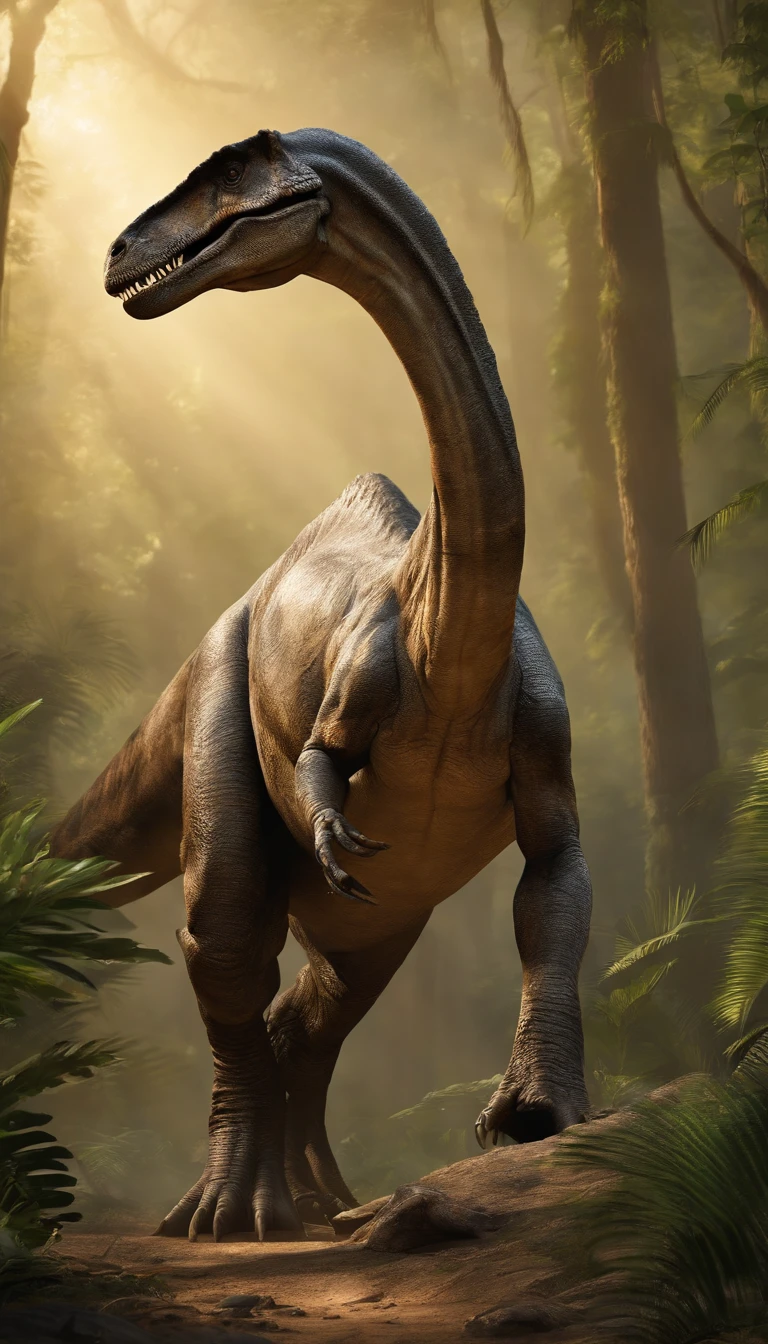 Dinosaurs, characterized by their long necks and tails, along with long, low-slung bodies, typically had two hands and two legs. Some of their plant-eating precursors eventually evolved into the massive sauropods during the late Jurassic period. Their diet was herbivorous. (masterpiece), (ultra-detailed), (8k)