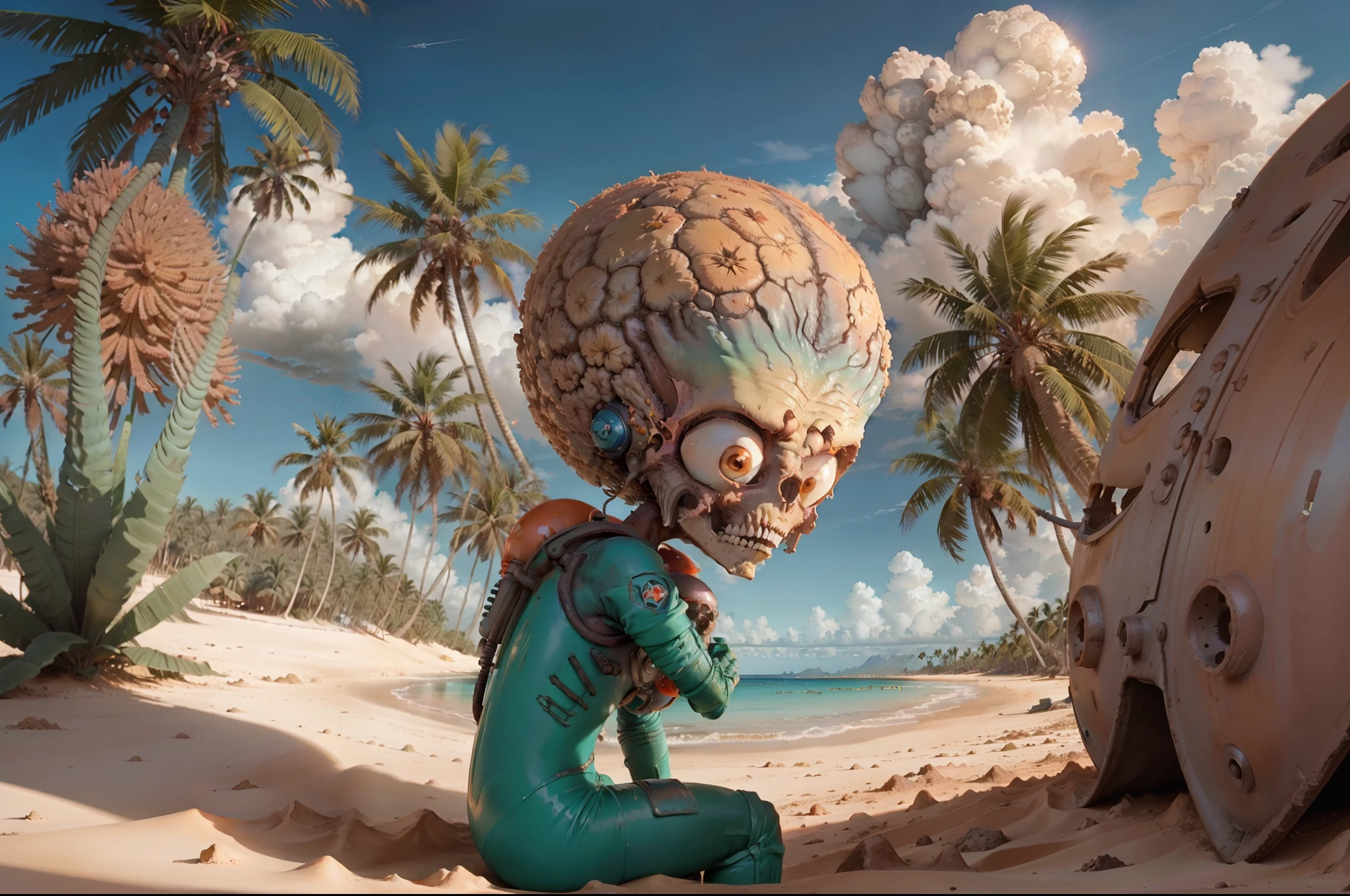 A Martian of Mars attacks! in an isolated Caribbean island, sitting on the sand looking at the sea, half flying saucer crushed and semi covered by sand, some palm trees, coconuts, vegetation, sunny day, blue sky with some clouds.