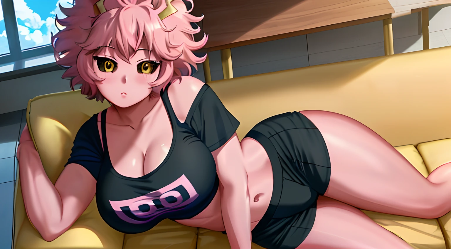 [mina ashido], [Boku no hero academia], ((masterpiece)), ((solo portrait)), ((bird's-eye view)), ((cute)), ((High definition)), ((anime)), ((Kohei Horikoshi)), ((beautiful render art)), ((detailed shading)), ((cel shading)), ((intricate details)), {mina ashido; (pink skin), (curly yellow horns), long eyelashes, (cute yellow eyes with black sclera), (1 eye closed), curly pink hair, short eyelashes, large boobs, (beautiful slightly muscular legs), (expressionless), (beautiful lips), (blushing)}, {(pink off-shoulder tee shirt), black panties}, {(laying on couch), (looking at viewer), (legs spread open)}, [Background; (living room), (window), (sun rays)]