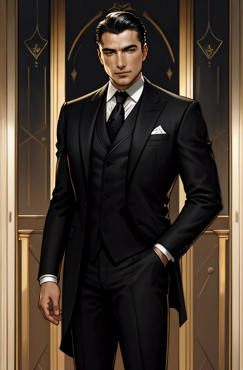 wealthy man, wearing suit, standing, comic , epic, realistic, warm lights, dramatic light intricate details, outside a luxury house, perfect lighting, perfect shading, (((black suit)))