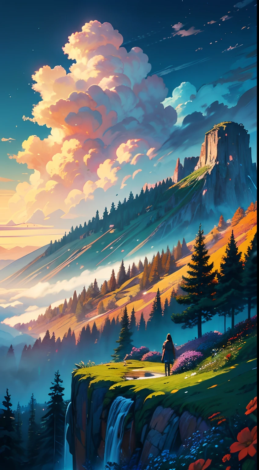 a warm scenary, gorgeous, dark, life, nature, flowers, water, gorgeous tree,mountain, valleis, fog, spectral,magic, happy,relaxing, lofi, sunset, cozy, superior, artistic, clouds, dynamic, rich composition, intricate, detailed, ,landscape, digital art, love,  colorful, heaven clouds,beautiful sky,, accommodate,