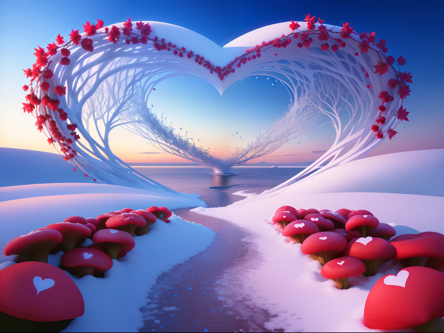 There is a heart-shaped tree,There are red berries in the middle, stream of love and happiness, love is begin of all, beatiful background, ❤🔥🍄🌪, personal profile picture, magic heart, beautiful digital art, Many hearts, red hearts, beautiful art, love os begin of all, Romantic!!!, beautiful image ever created, Very Beautiful Digital Art