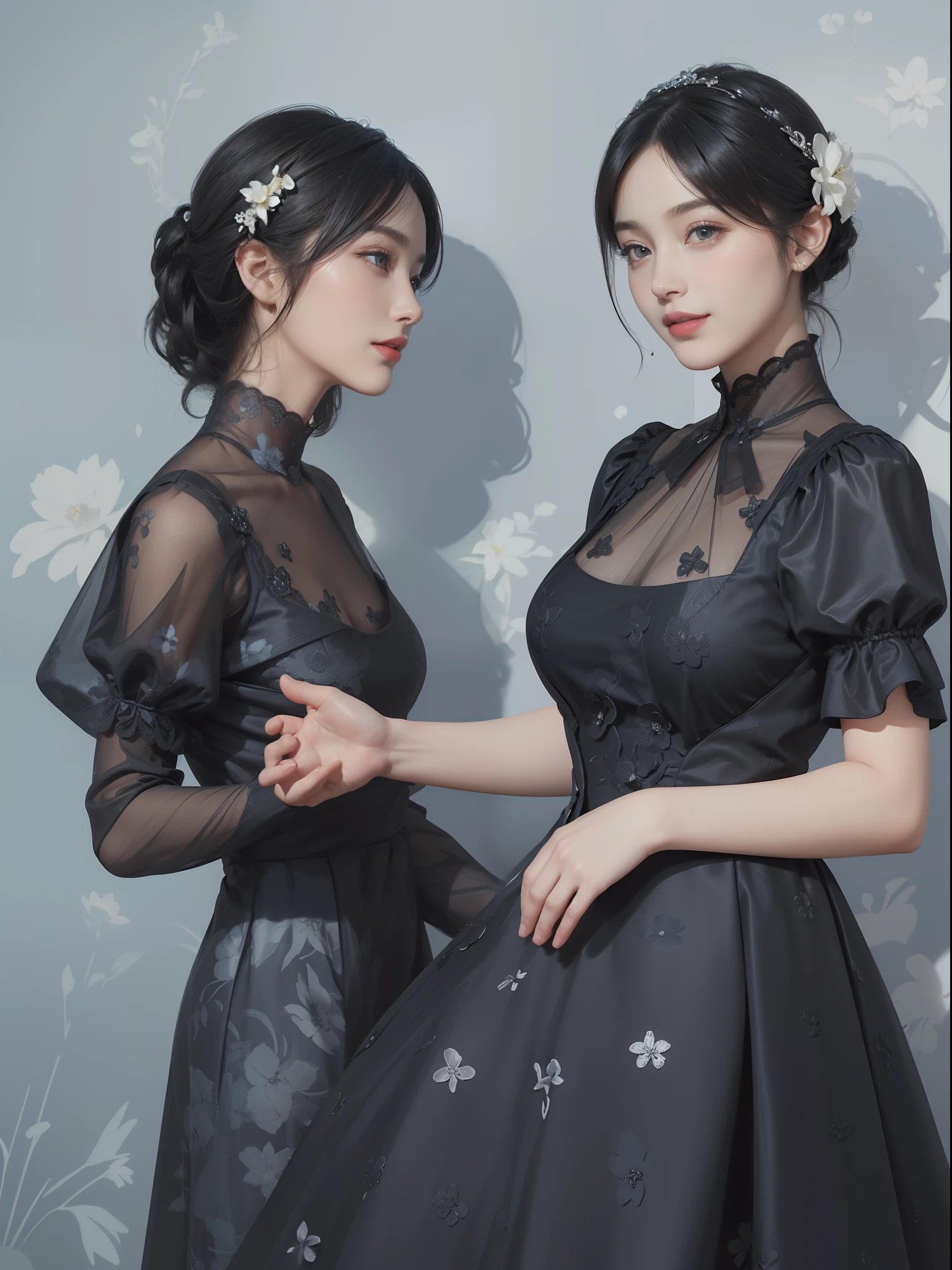 ((Best Quality))), (8K picture quality), ((Masterpiece)), (Very sophisticated、Beautiful fece), (wearing dresses) , (1womanl), (black-short-hair), ((Bright dresses)), with floral pattern, Blue silk fabric, 电影灯光, Gentle facial expressions, (A slight smil:1.3), ((lightand shade contrast:1.5)), Abstract background, ((breast)),, ((lowkey))