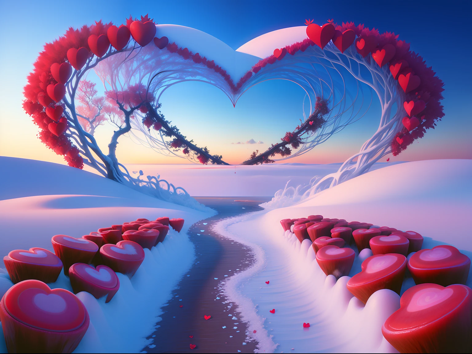 There is a heart-shaped tree,There are red berries in the middle, stream of love and happiness, love is begin of all, beatiful background, ❤🔥🍄🌪, personal profile picture, magic heart, beautiful digital art, Many hearts, red hearts, beautiful art, love os begin of all, Romantic!!!, beautiful image ever created, Very Beautiful Digital Art