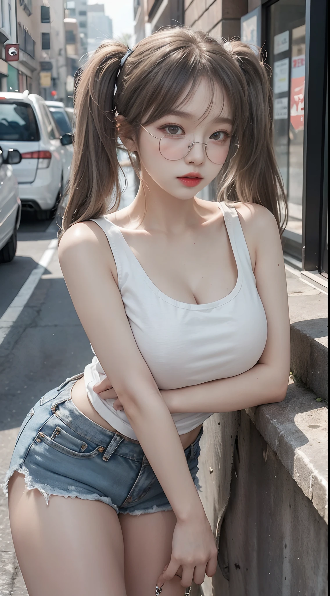 Top image quality、Raw photography、超A high resolution、18-year-old Korean、Glasses beauty、Colossal tits:1.5、cleavage of the breast:1.5、Healthy complexion、shiny white skin、((Hold twin tails))、((Light brown silver hair))、Beautiful eyes with random colors、very thin lips、beautiful eyes finely detailed、elongated eyes、pale pink blush、long eyeslashes、Beautiful double eyelids、eyeshadows、耳Nipple Ring、(Fashionable glasses、White tight tank top、denim short pants、Beautiful legs、Attractive thighs)、street snap、moderate leg thickness、Shot with emphasis on the legs、is standing、Photograph the whole body、Emphasize cleavage