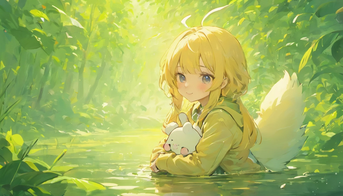 Super cute kids,(Super Healing Style 1.2),(Thick woolen hat 1.2),Super light and shadow,Super light effect,Super water surface reflection,Ultimate texture,Super shadows,vegetables and fruits,Birds singing by the river,The color is soft and delicate,(Soft sunlight 1.2),(smile1.1)(Gentle light 1.2)(Holding a fluffy little white rabbit 1.2)(Delicate facial features1.3),(Slim fingers 1.3)(Bust close-up 1.2)