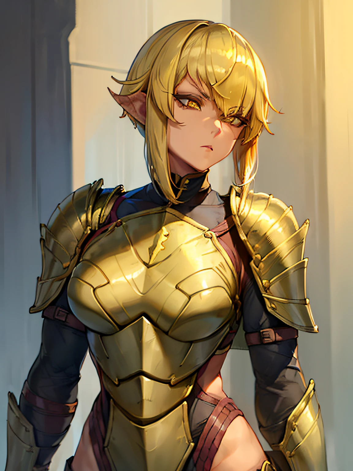 1 girl, (((commander outfit))) ,(Yuan-ti)), snake face, (((snake skin))),((full paladin armor)), ((flat chest)),yellow hair, short haircut, portrait, desperate face