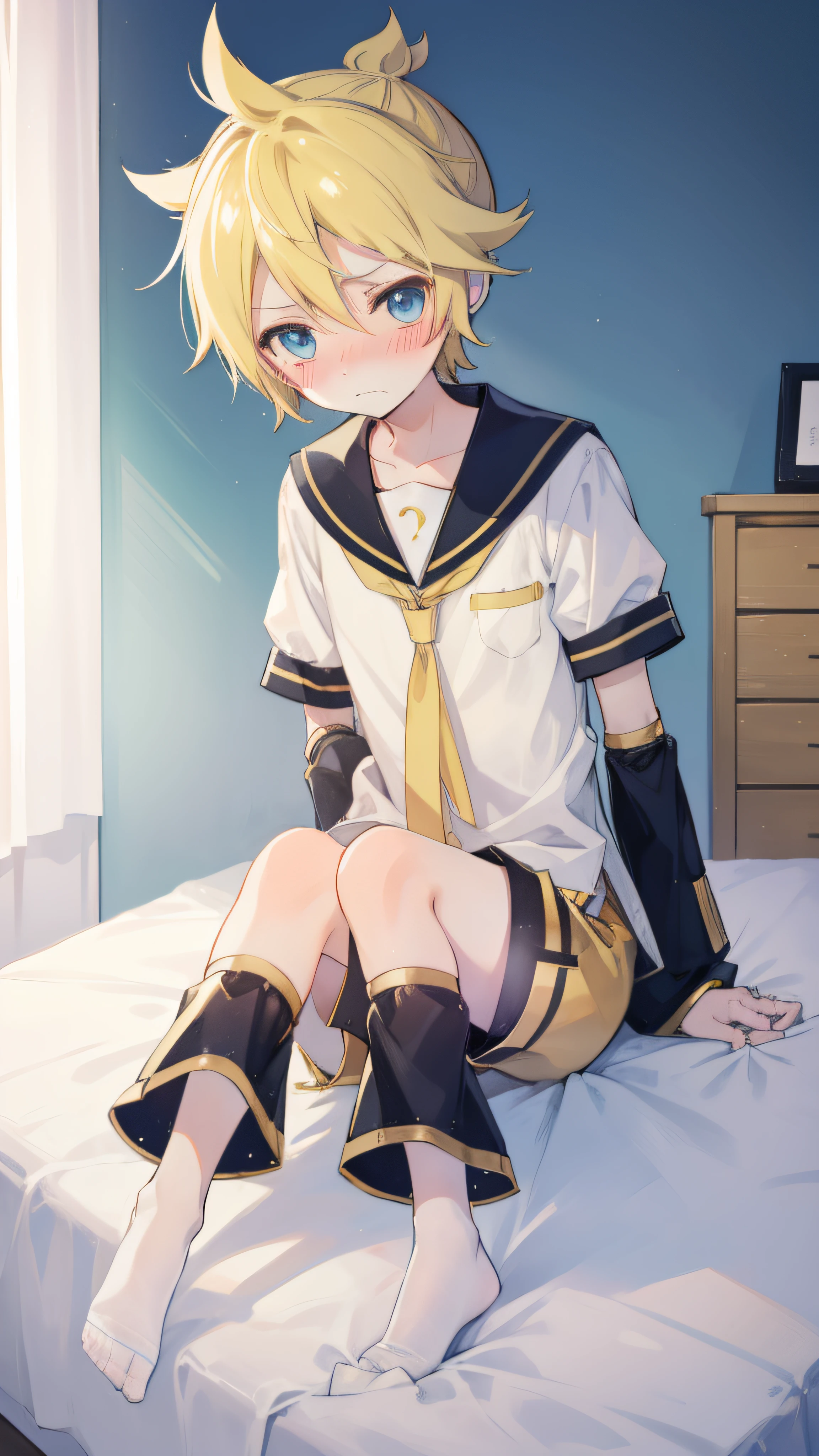 one boy, Kagamine Len, sailor uniform, short pants, sitting on bed, (blush), cowlick, cool, handsome, (embarrassed)