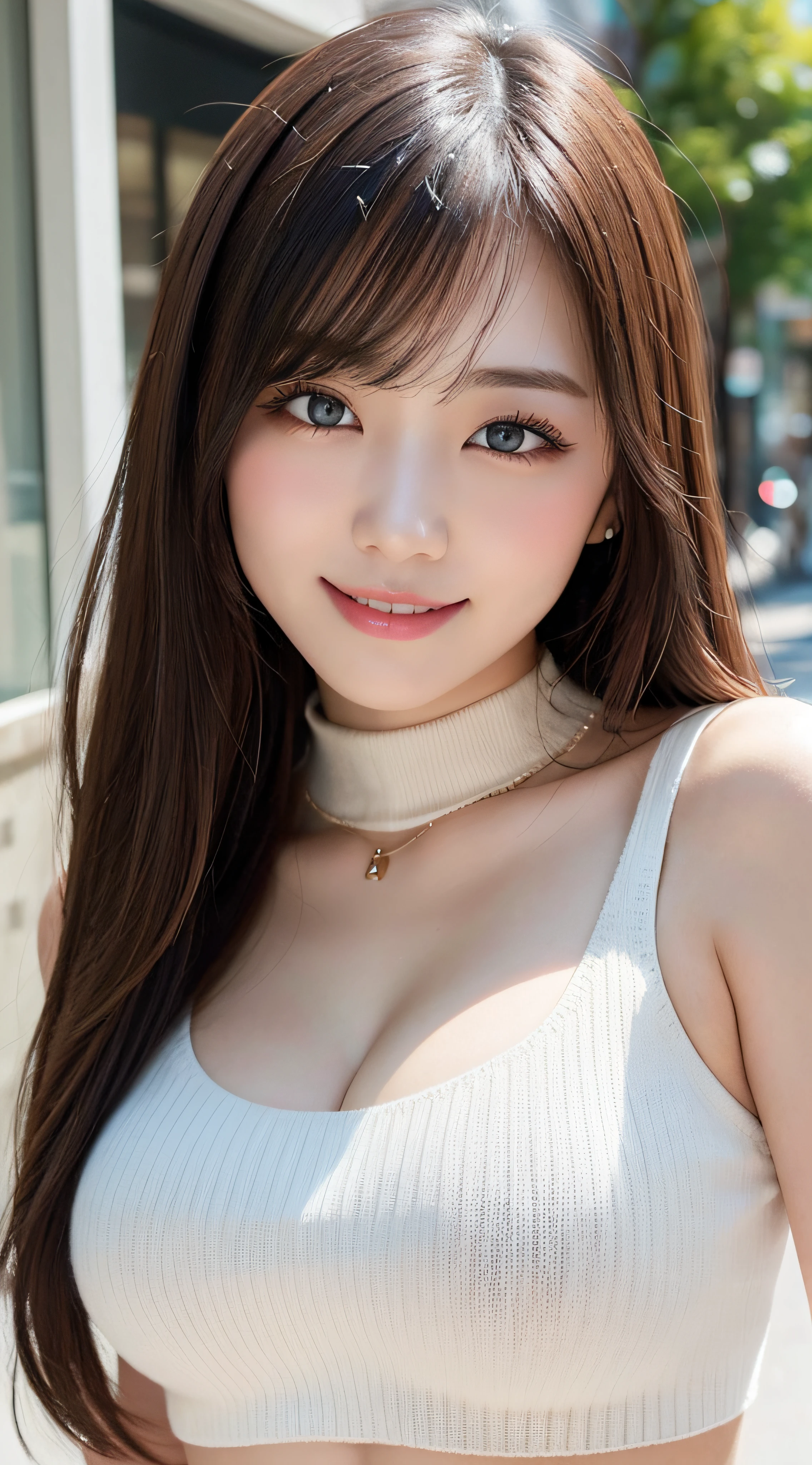 masutepiece, Best Quality, Photorealsitic, finely detail, hight resolution, 8K Wallpapers, Perfect dynamic composition, Beautiful detailed eyes, Medium Hair, large full breasts, Random and sexy poses,Bring your chest together、(Mock Neck Crop Tank Top White Knitwear、Cleavage looks realistic)、(Breast bulge 1.2)、A smile、open open mouth、Resort scenery、23years old、(Drooping eyes 1.4)、Adult beauty、japanes