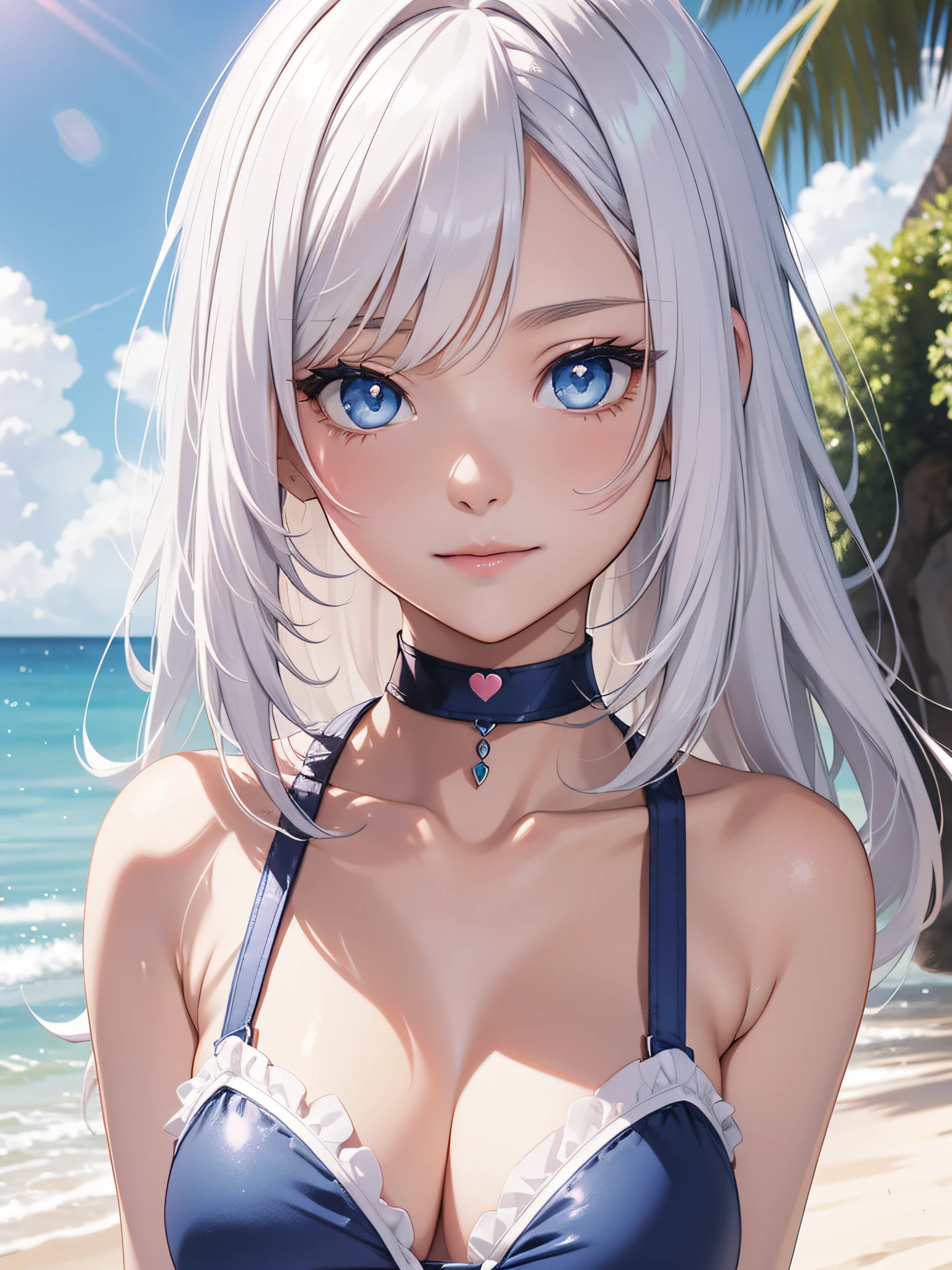 Official art、Top quality ultra-detailed CG art、a beauty girl:1.2)、White hair、Glossy hair、smooth hair、large blue eyes,Mid summer、kawaii、The sky is beautiful、Cute、bob cuts、Pink choker、Light blue swimsuit、ssmile、