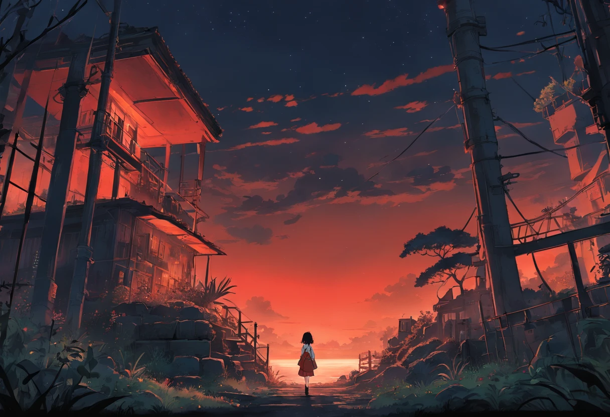 Post-apocalyptic war, tonos de color blanco, negro, Red and rust colors, sobrevivientes, vegetation, sombras, gloomy atmosphere, oscuridad, ((noche)), portada de un libro