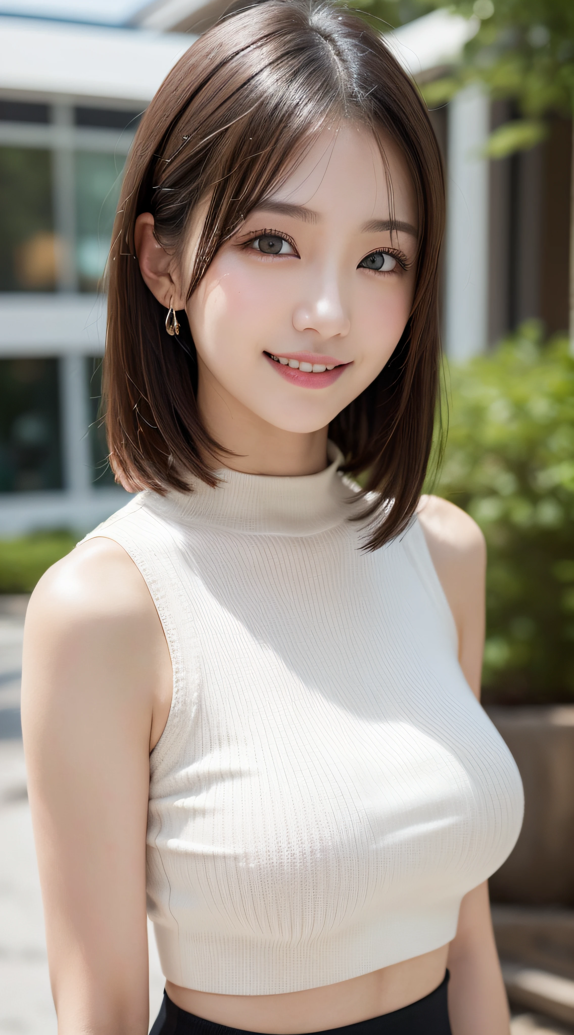 masutepiece, Best Quality, Illustration, Ultra-detailed, finely detail, hight resolution, 8K Wallpaper, Perfect dynamic composition, Beautiful detailed eyes, Women's Fashion Summer,Short bob hair,Small breasts natural color lip, Bold sexy poses,Smile,Harajuku,18 years girl,Cute,Sexy shot looking at camera,Sleeveless knitwear,White knitwear,Armpits,bura,Floral hair ornament,Large Breasts:1.8, Slim Body:1.5,