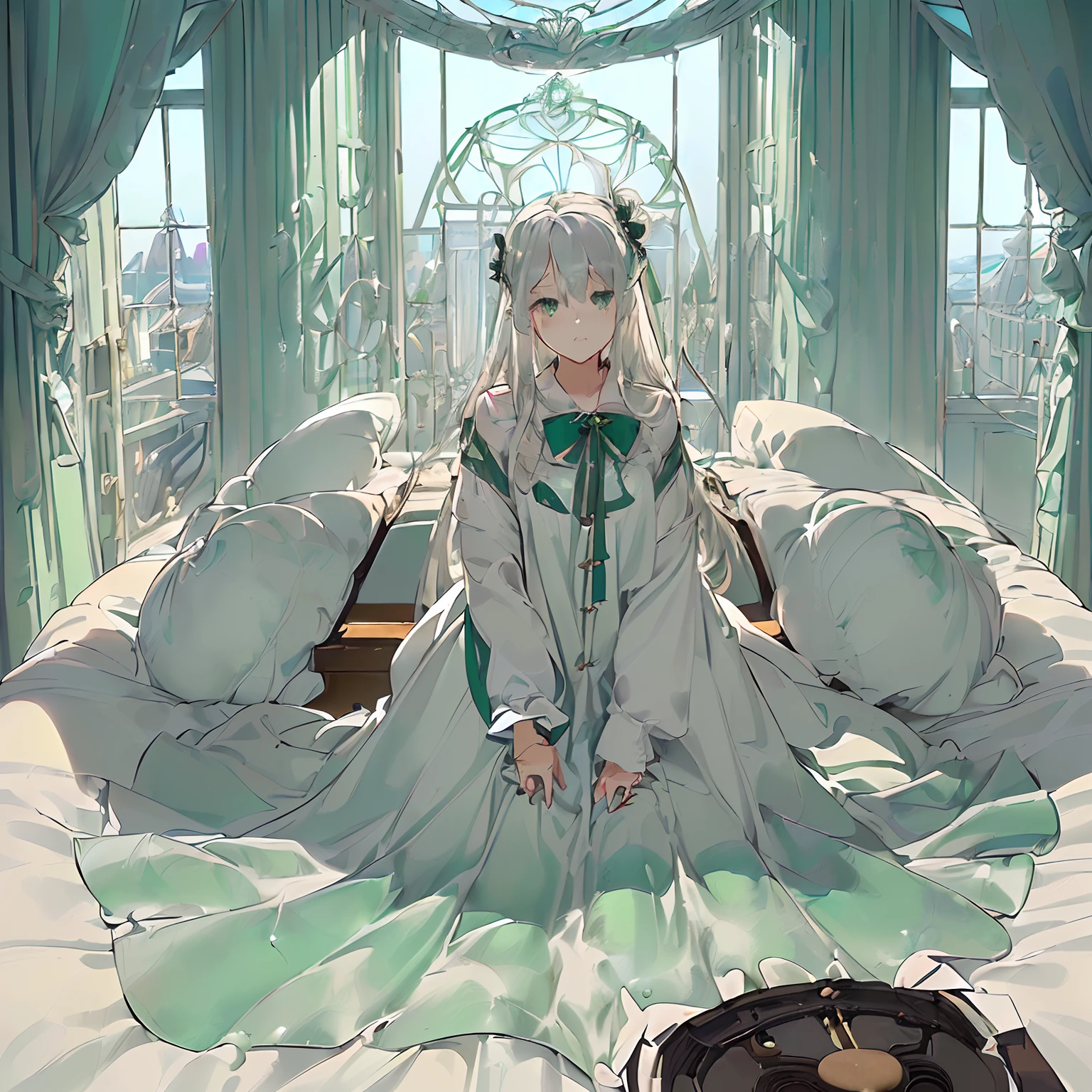​masterpiece、top-quality、High-quality images、8K、　　((Background with、Precise perspective、line-drawing、Contour extraction、colourfull、Moderate shading、Medium omission:1.3))　((Ana's Bedroom、Stylish bay window with sea view、Very bright lighting、On the wall４Photo、a bed、typical:1.3))((Music room at home with sea view、Piano instruction、lesson、Started training world-class pianists:1.2))announcer((anastasia、Graduated from the piano department of the College of Music、Piano Teacher、The goal is to train famous pianists、Good friends with students、Has the ability to manipulate the darkness of the mind at will、Have the ability to hear Leos' voices、When Leo is not present, You can sleep whenever you want.、pure、with light glowing、Little crybaby、Semi-long silver hair、Emerald green eyes、Slimed、Balanced proportions、Fashionable clothes selected in the costume room、Room makeover、lecture、Leo Advocacy:1.4))、　　　　　　　　　　　I am Leo、The right screen has been turned off