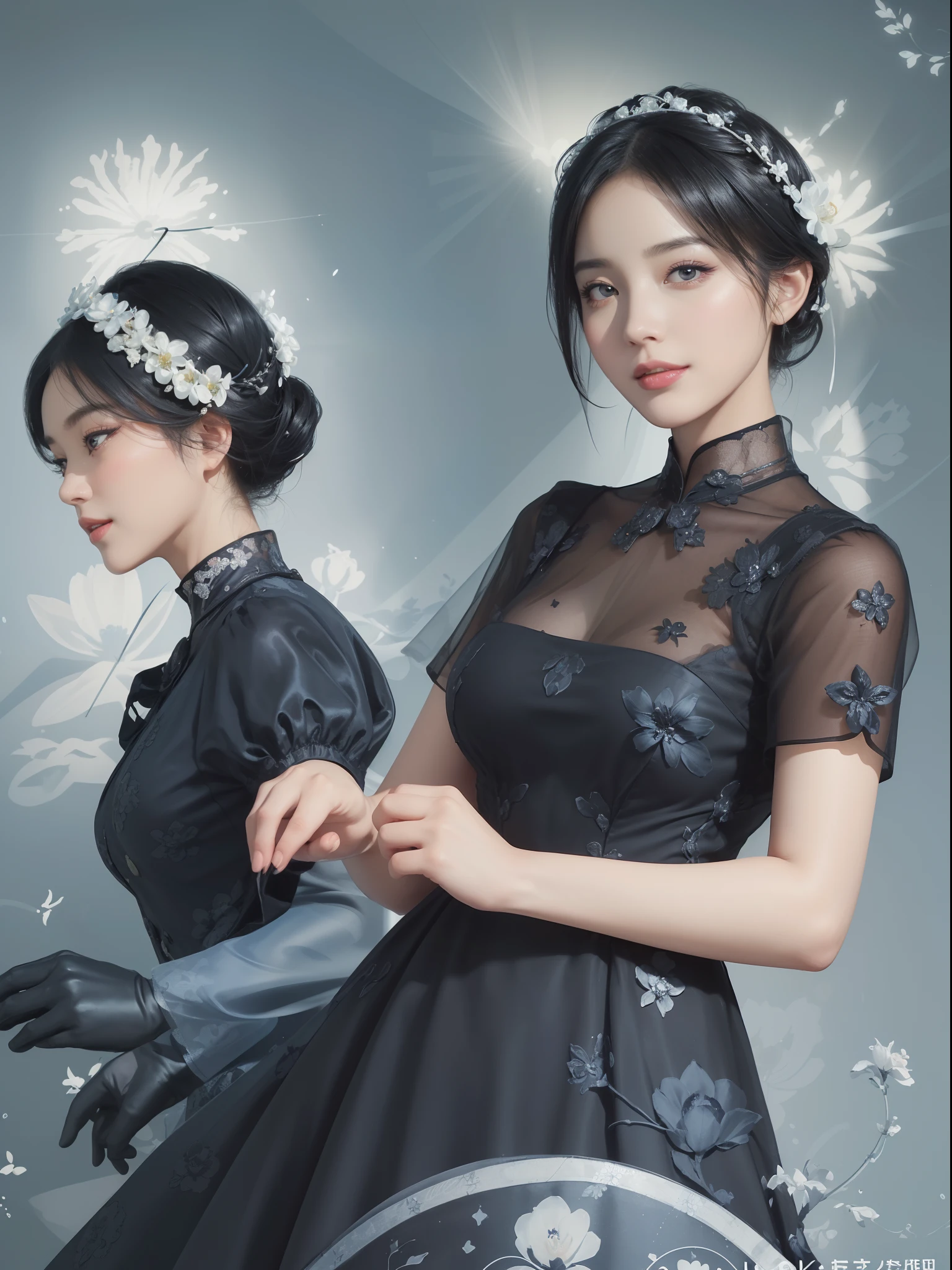 ((Best Quality))), (8K picture quality), ((Masterpiece)), (Very sophisticated、Beautiful fece), (wearing dresses) , (1womanl), (black-short-hair), ((Bright dresses)), with floral pattern, Blue silk fabric, 电影灯光, Gentle facial expressions, (A slight smil:1.3), ((lightand shade contrast:1.5)), Abstract background, ((breast)),, ((lowkey))