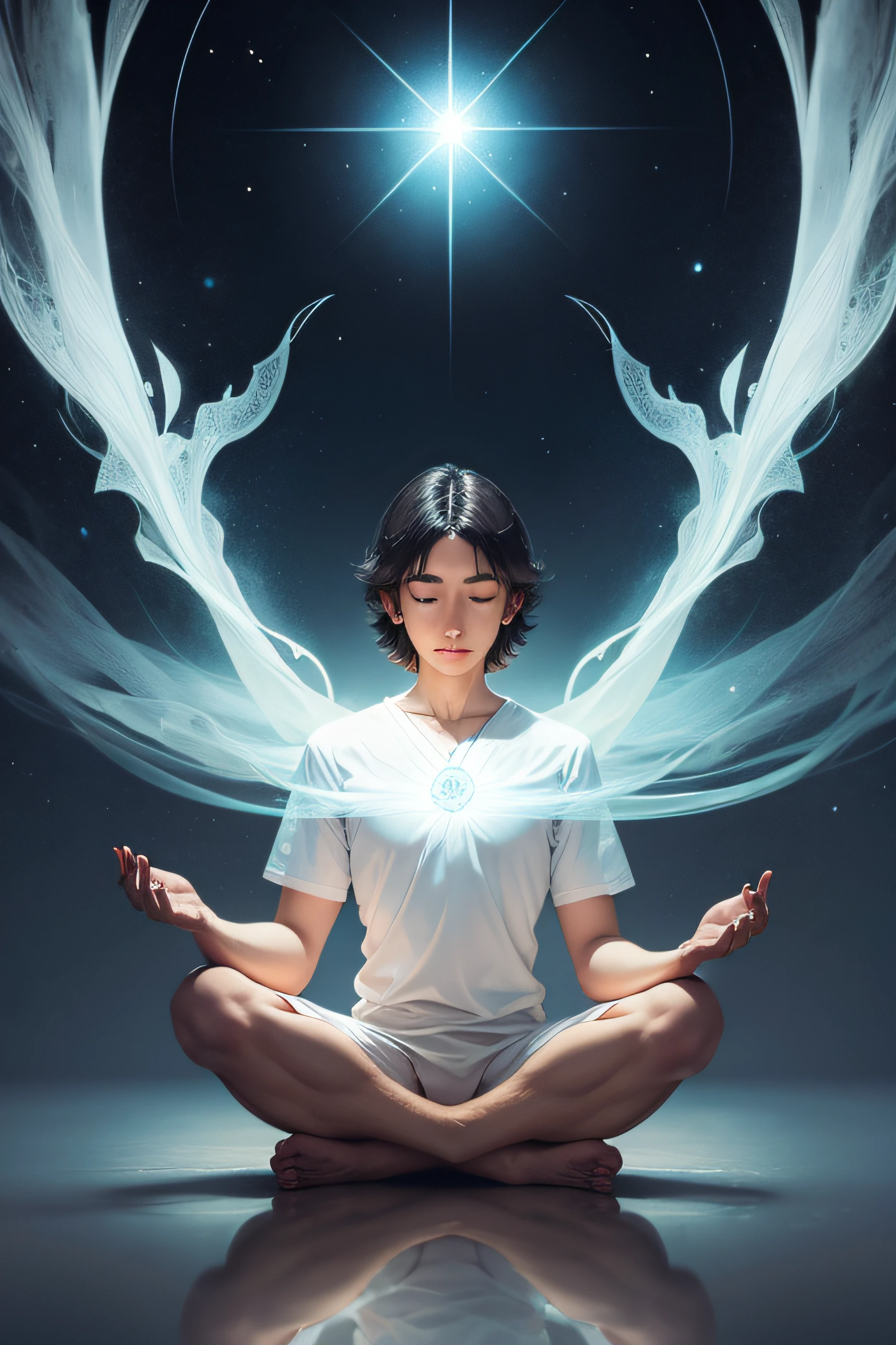 pessoa meditando ou em transe, com os olhos fechados . This can convey the idea of spiritual connection and perception beyond the physical world.