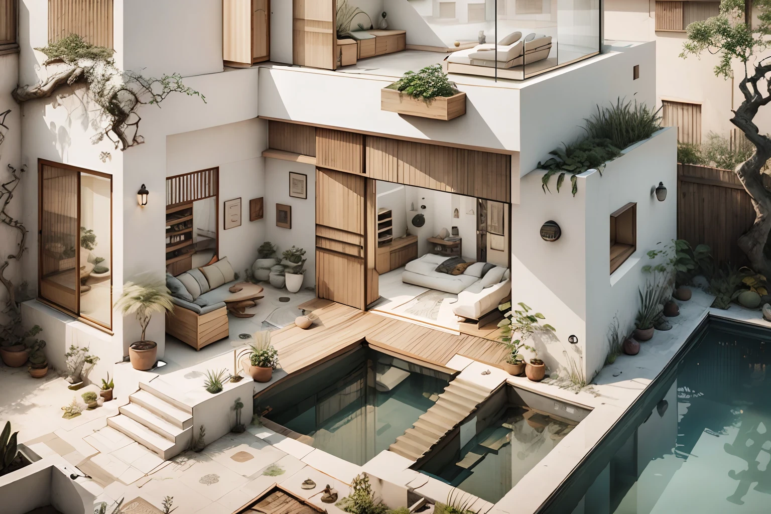 Casa minimalista con terraza madera piscina
