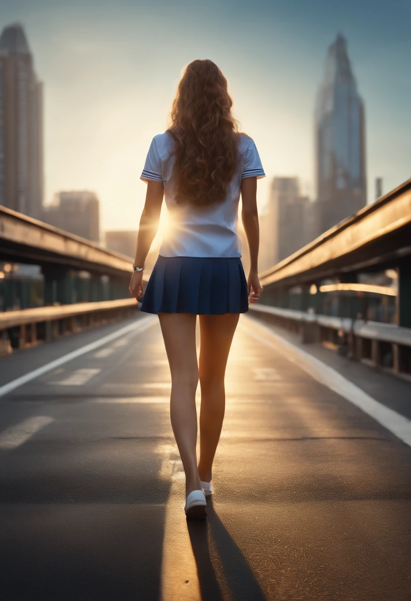 giant beautiful woman with golden ratio face and extremely long legs wearing school uniform, bending over to walk under a short bridge in a city, cars and tiny people on the bridge, (best quality,4k,8k,highres,masterpiece:1.2), ultra-detailed, (realistic,photorealistic,photo-realistic:1.37), HDR, UHD, studio lighting, ultra-fine painting, sharp focus, physically-based rendering, extreme detail, professional, vivid colors, bokeh, digital painting