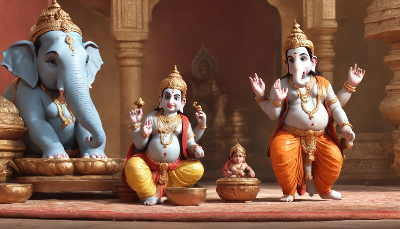 In Ganesha's room, we can see the boy standing, with a broom in his hands, wearing an orange outfit and with his little elephant at his side. Ganesha seems a little confused and even a little reluctant to have to do this task. In the background, we see Shiva, the god of destruction, with his blue skin, beard and long hair tied in a bun. He is pointing at Ganesha with a stern look, as if he is demanding the boy do as he is asked. The room is a little messy, with toys scattered on the floor and clothes thrown on a chair. Somewhere in the scene, we can hear soft music playing, perhaps to reassure Ganesha as he prepares for the task he has been given.