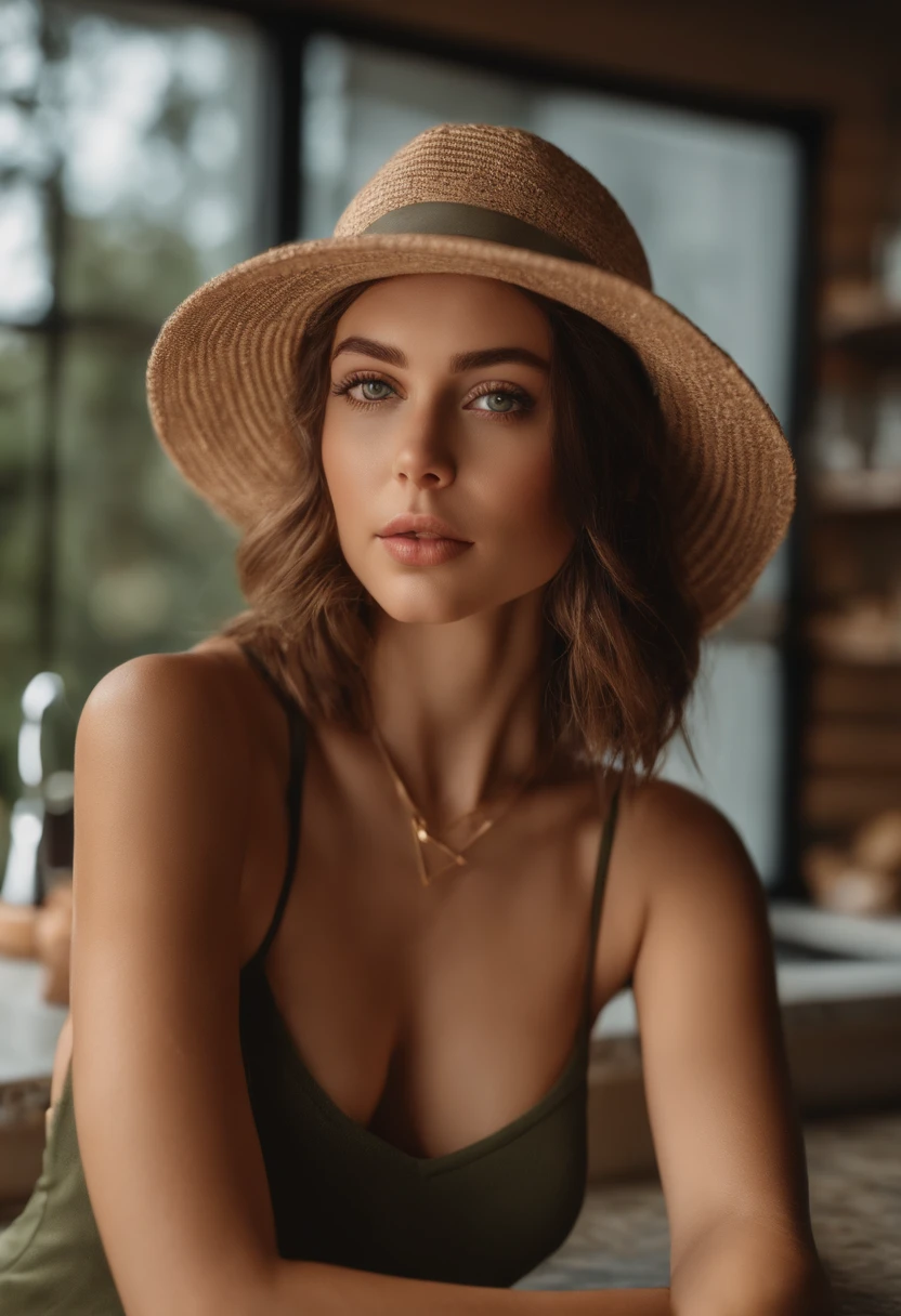 arafed woman with a necklace, large breasts, sitting on a kitchen counter, modern kitchen, white countertop, sexy girl with green eyes, portrait sophie mudd, brown hair and large eyes, selfie of a young woman, bedroom eyes, violet myers, without makeup, natural makeup, looking directly at the camera, face with artgram, subtle makeup, stunning full body shot, piercing green eyes, beautiful angle, attractive pose, cute girl, sexy pose, full body picture, full body, full body shoot, brunette goddess, high detail, satisfied pose, wearing only a blue bucket hat, average breasts, (beautiful detailed face, beautiful detailed eyes), (naked), glow, sweat, (sunbeam, sunlight), (nsfw:1.5)