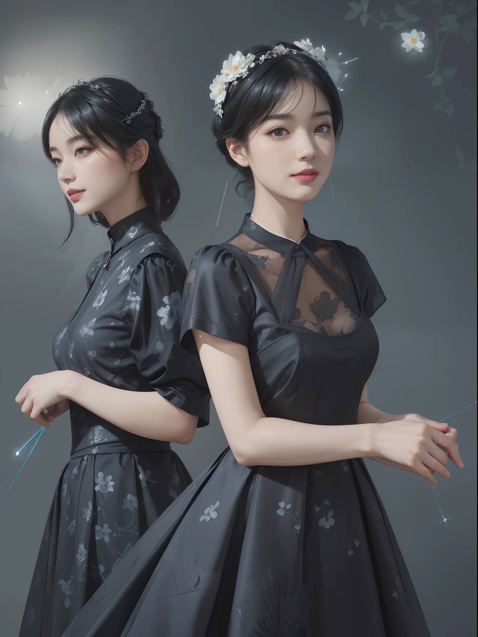 ((Best Quality))), (8K picture quality), ((Masterpiece)), (Very sophisticated、Beautiful fece), (wearing dresses) , (1womanl), (black-short-hair), ((Bright dresses)), with floral pattern, Blue silk fabric, 电影灯光, Gentle facial expressions, (A slight smil:1.3), ((lightand shade contrast:1.5)), Abstract background, ((breast)),, ((lowkey))
