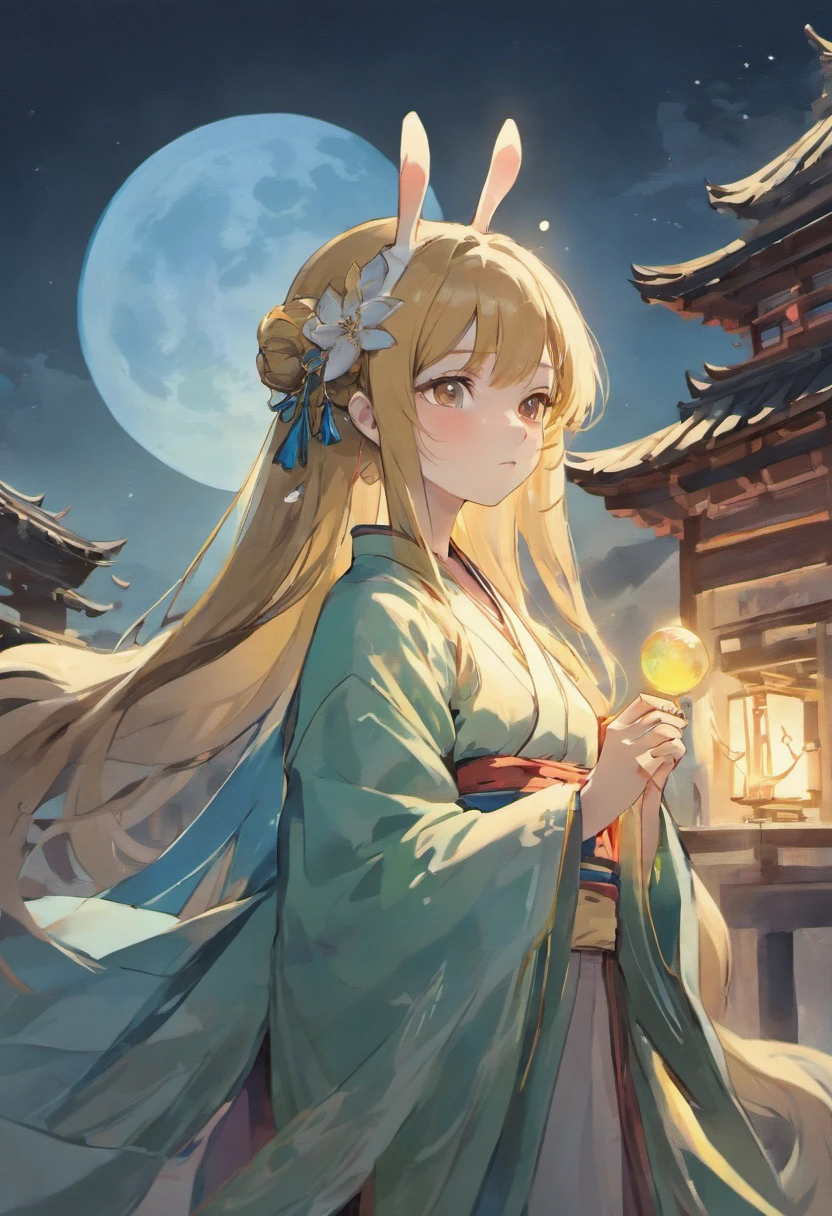Long-haired girl in Hanfu,Holding the rabbit(cute),(Full moon),Ancient Chinese style,Fairy air fluttering,(Chang'e fairy),(mid-autumn festival),Soft moonlight,young goddess, Ink painting style,A detailed face,A detailed face,Quiet moonlight