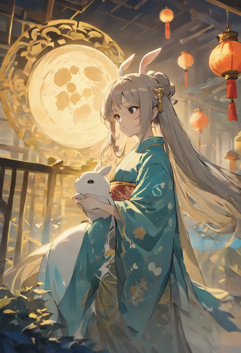 Long-haired girl in Hanfu,Holding the rabbit(cute),(Full moon),Ancient Chinese style,Fairy air fluttering,(Chang'e fairy),(mid-autumn festival),Soft moonlight,young goddess, Ink painting style,A detailed face,A detailed face,Quiet moonlight