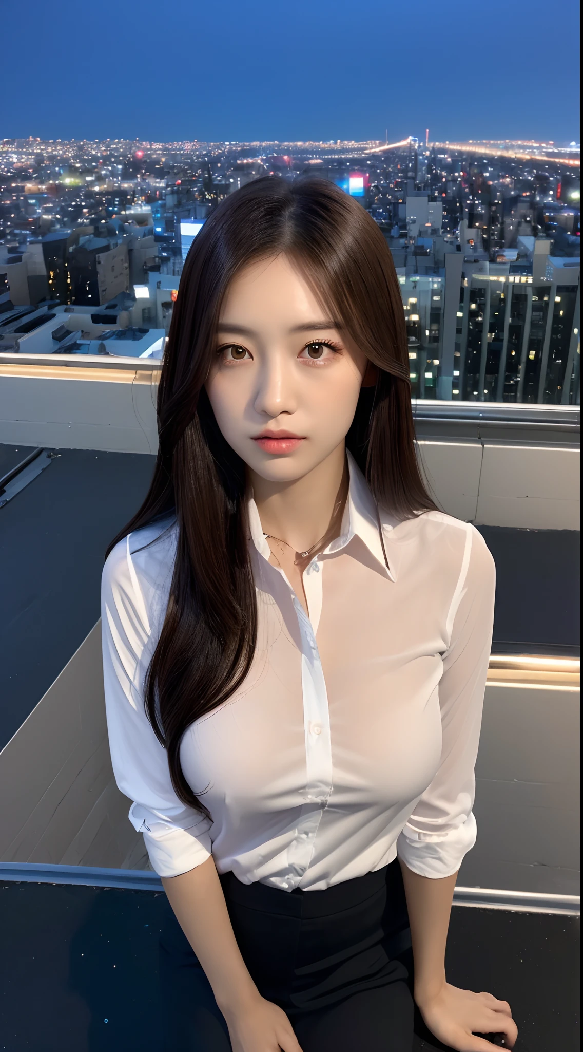 ((mid night、top-quality、8K、​masterpiece:1.3)), full body Esbian, long legged, foco nítido:1.2, Beautiful woman with perfect body shape:1.4, Slender Abs:1.1, ((dark brown  hair、Colossal tits:1.2)), (Officelady, blacksuit, white  shirt, is standing:1.2), ((Night City View、On the rooftop:1.3)), Highly detailed facial and skin texture, A detailed eye, 二重まぶた