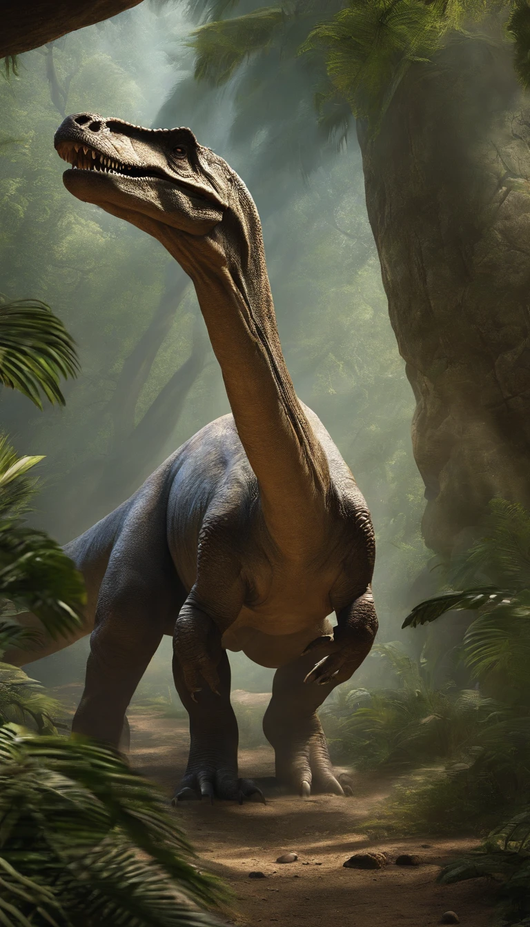 Dinosaurs, characterized by their long necks and tails, along with long, low-slung bodies, typically had two hands and two legs. Some of their plant-eating precursors eventually evolved into the massive sauropods during the late Jurassic period. Their diet was herbivorous. (masterpiece), (ultra-detailed), (8k)