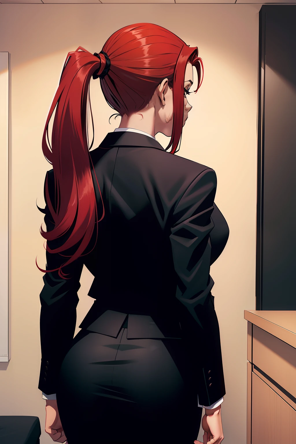 backside view, woman, walking, red ponytail hair, wearing a black office suit, red tie,black office skirt, no background