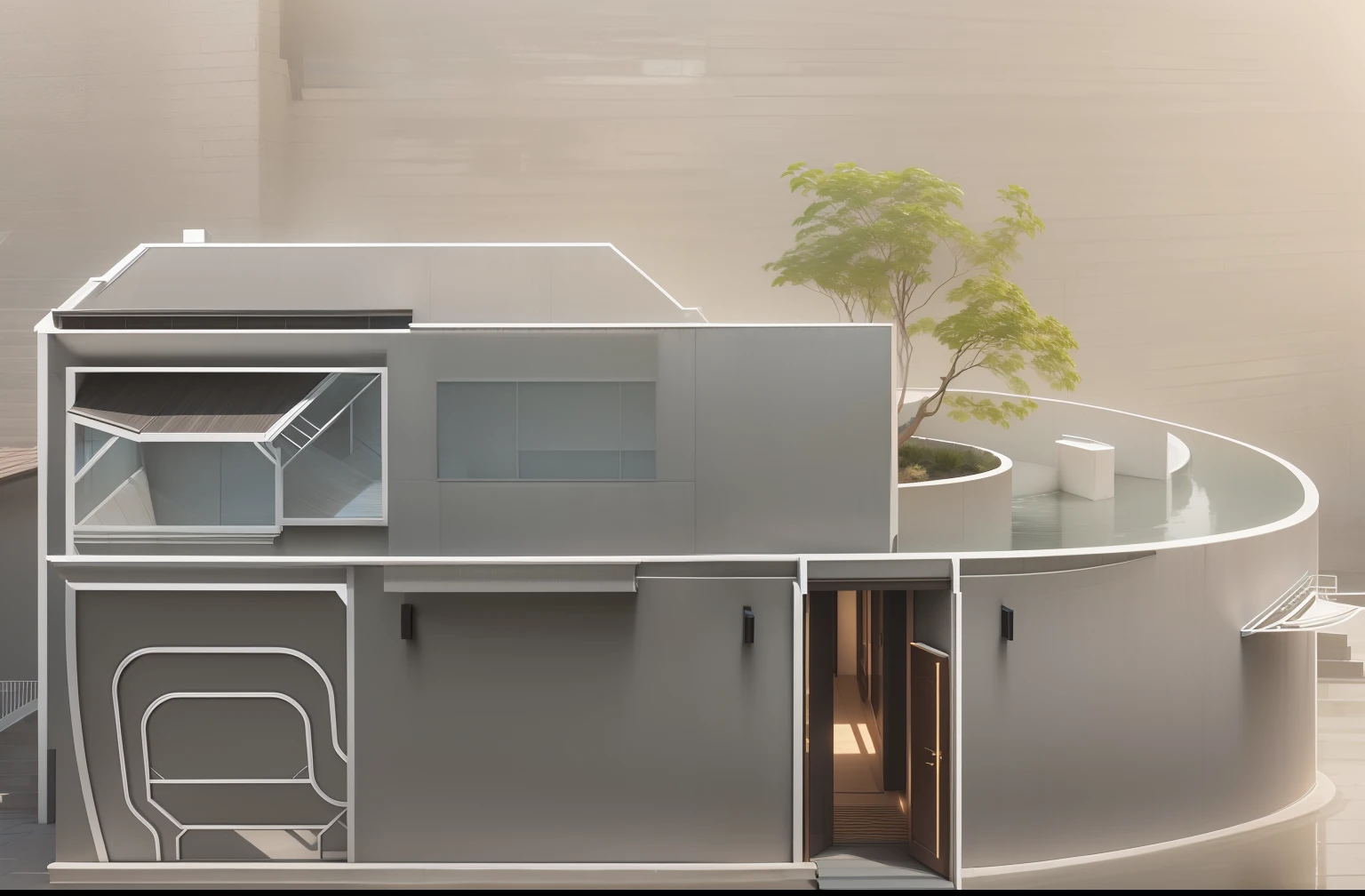 (Best Quality,4K,8K,hight resolution,masutepiece:1.2),Ultra-detailed,(Realistic,Photorealistic,Photorealsitic:1.37),Futuristic contemporary home, Dark concrete finish, Outside view, sleek design, Large floor-to-ceiling windows, a panoramic view, Shiny metal elements, Minimalist architecture, Sharp edges, Clean lines, Geometric shapes, Seamless integration with the environment, Architecture with courtyard, nature environment, Bright blue sky, and abundant natural light, Warm golden sunshine, dynamic compositions, High-tech materials, polished surfaces, The opening is glass, Sophisticated lighting, Dramatic shadows, Impeccable craftsmanship, Luxurious atmosphere, Invitation Entrance, Grand Entrance Door, wide々and open layouts, On the right is the outdoor terrace, Comfortable outdoor seating, Stylish outdoor furniture, The perfect balance between simplicity and elegance, striking contrast, Minimalistic color palette, Monochrome tone, Bold accents, Cutting-edge technology, Smart Home Systems, State-of-the-art appliances, evocative atmosphere, Contemporary Art Works, A harmonious blend of nature and modernity, Quiet and cozy atmosphere.The roof is wood grain