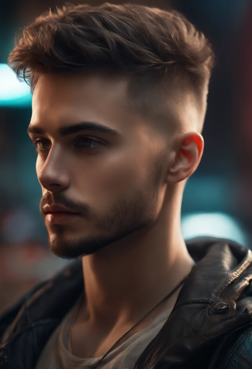 Young boy, small beard, hot looking, cyberpunk ultra realistic 8k