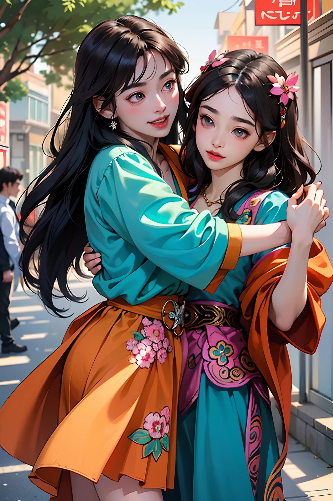 (Face focus:1.4,Super big eyes:1.4),Best quality, Masterpiece, Extremely detailed, high resolution, 4K, 超高分辨率, Detailed shadows, Perfect light and shadow,duo, Two girls in trendy costumes taking selfies on the street, Fantasy world,colorful pigtail, anime cosplaying, Anime style mixed with Fujifilm, Cute, big laughter, , Sexy,(Alebriès Art Style),PureErosFace_V1,Urzang-6500-V1 Edition, Edition, Edition.1,fantasyoutfit,The princess's eyes widened,Necklace of dreams,Fantastic ribbons,Dream rings,Fantastic jewelry,Fantastic hair accessory,Dream belt,Studio light,