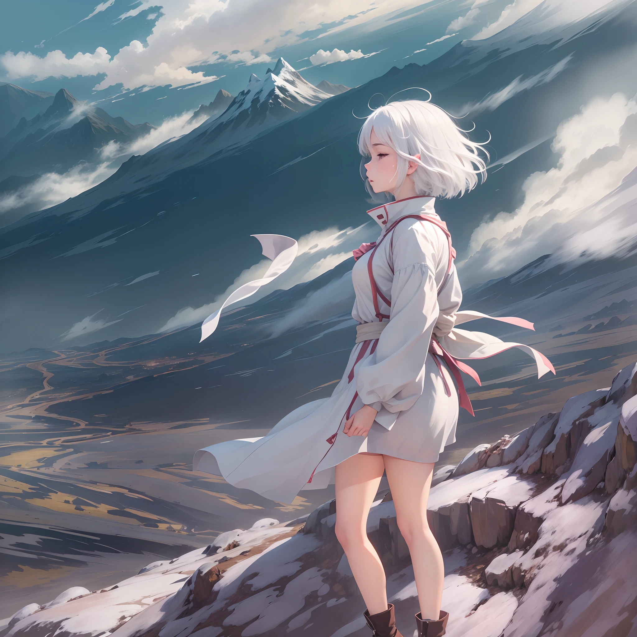 Anime, seen in the distance, 1 girl, full body of a beautiful girl, in profile, closing her eyes, her ((short white hair flowing in the wind)), standing on the top of the mountain with her ((arms open )), the wind blows behind her, do not center the girl, the vanishing point is at the ankle of her feet, it runs along the line of the mountain where she is standing on the left side of the composition, on the right side you can see the city in the distance.