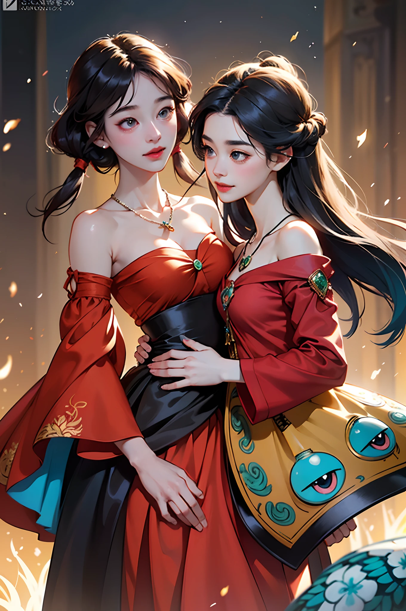 (Face focus:1.4,Super big eyes:1.4),Best quality, Masterpiece, Extremely detailed, high resolution, 4K, 超高分辨率, Detailed shadows, Perfect light and shadow,duo, Two girls in trendy costumes taking selfies on the street, Fantasy world,colorful pigtail, anime cosplaying, Anime style mixed with Fujifilm, Cute, big laughter, , Sexy,(Alebriès Art Style),PureErosFace_V1,Urzang-6500-V1 Edition, Edition, Edition.1,fantasyoutfit,The princess's eyes widened,Necklace of dreams,Fantastic ribbons,Dream rings,Fantastic jewelry,Fantastic hair accessory,Dream belt,Studio light,