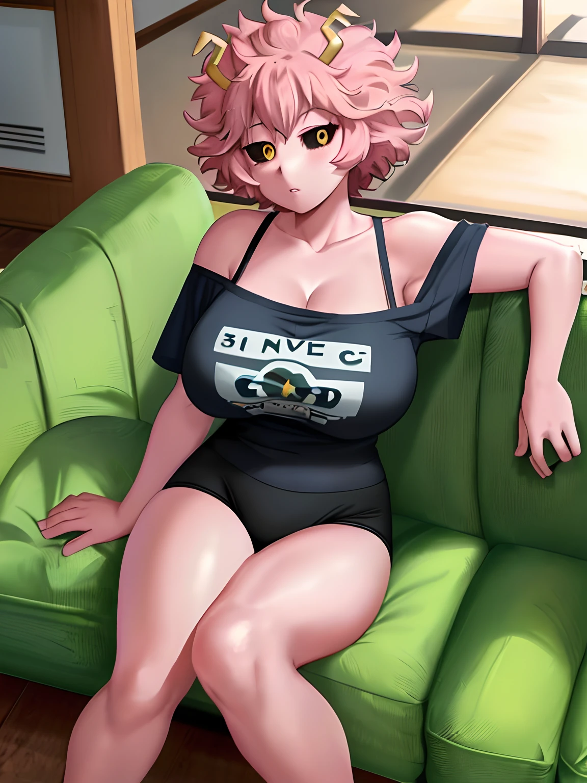 [mina ashido], [Boku no hero academia], ((masterpiece)), ((solo portrait)), ((bird's-eye view)), ((cute)), ((High definition)), ((anime)), ((Kohei Horikoshi)), ((beautiful render art)), ((detailed shading)), ((cel shading)), ((intricate details)), {mina ashido; (pink skin), (curly yellow horns), long eyelashes, (cute yellow eyes with black sclera), (1 eye closed), curly pink hair, short eyelashes, large boobs, (beautiful slightly muscular legs), (expressionless), (beautiful lips), (blushing)}, {(pink off-shoulder tee shirt), black panties}, {(laying on couch), (looking at viewer), (legs spread open)}, [Background; (living room), (window), (sun rays)]