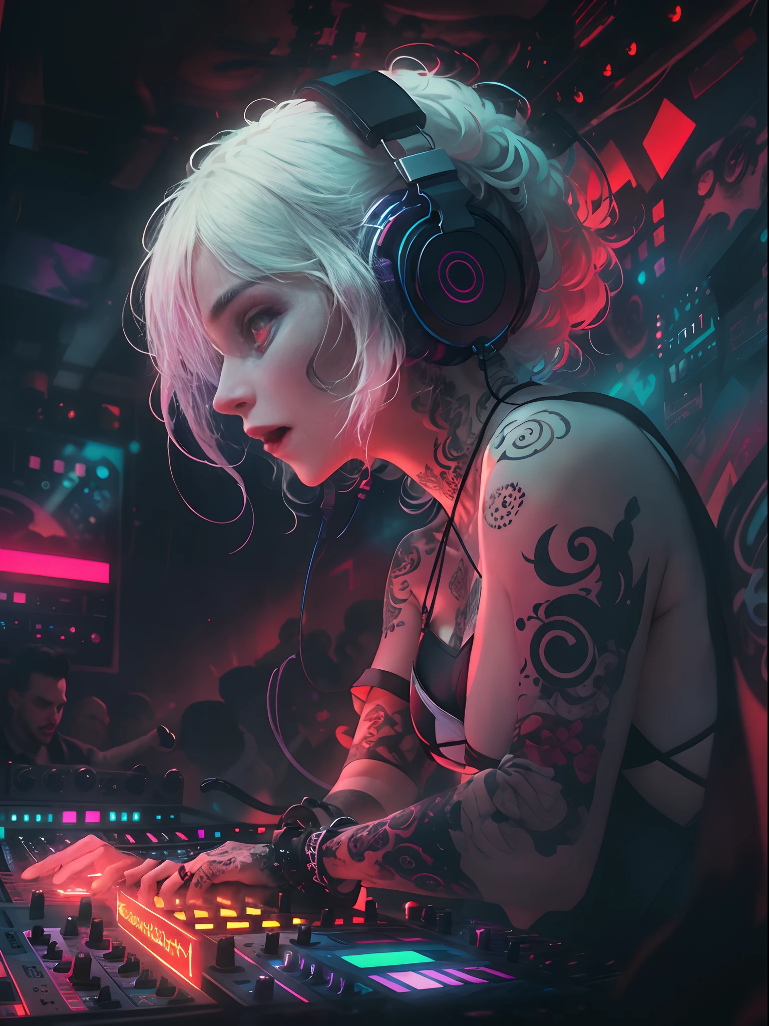 Upper body, Female vampire DJ, Look at the crowd,Vampires,Wear a bikini,Tattooed with,Red eyes,White hair, Quirky, Vibrant appearance, Playful accessories, Bright colors,Creative behavior, Rambled, Sensual, Spontaneous, DJ headphones, ((Mixing Console)), glitchpunk girl, raver girl,Music Clubs, night club, Independent cinema, People dancing on dance floor background, Underground danceclub, Underground danceclub,night club, Highest quality, Skin texture, Intricate details, (Cinematic lighting), RAW photo, 8K,Psychedelic surrealist art,Surrealist psychedelic design,dream art style,Illusion psychedelic art, Colorful dark vectors,
