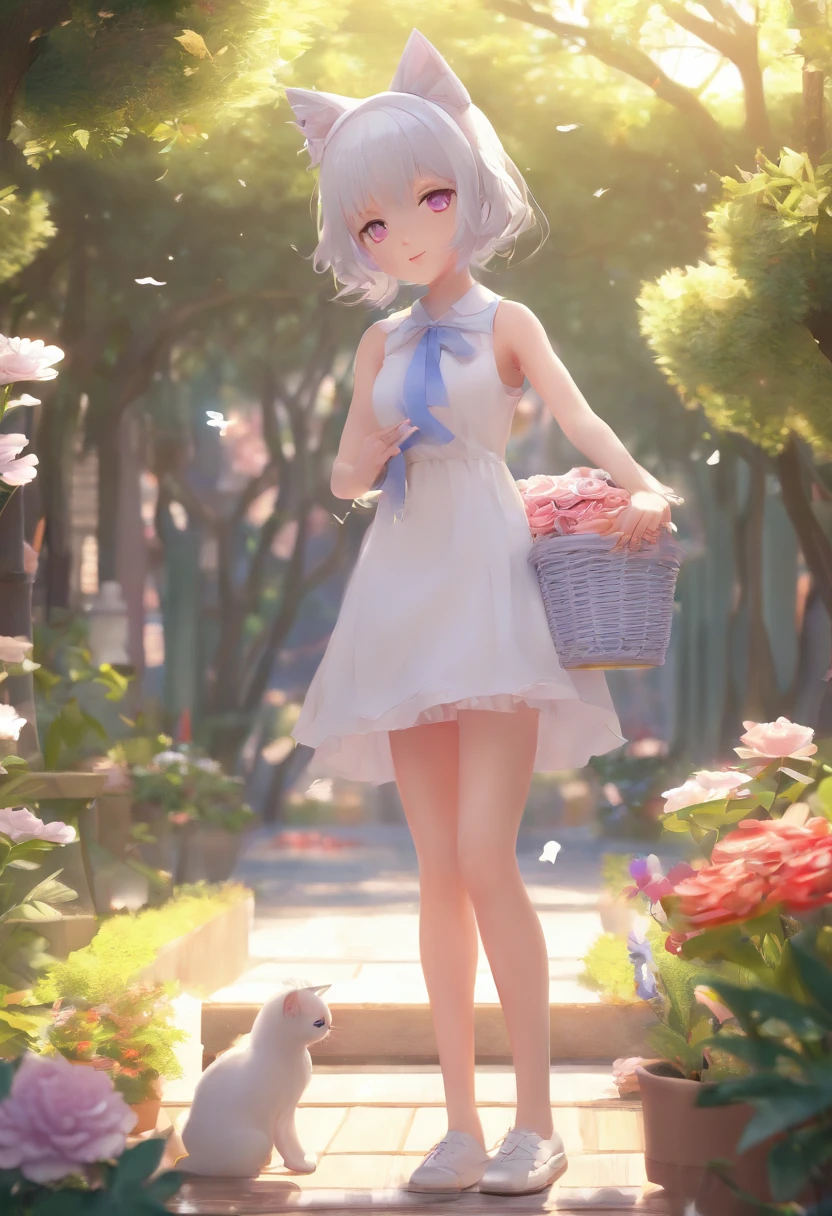 Cat-eared girl in white dress standing in garden, Break,silber hair,eBlue eyes,(((Sleeveless))),Hang laundry to dry,Holding a laundry basket with clothes,loli in dress, small curvaceous loli, Guviz-style artwork, Guweiz in Pixiv ArtStation, Guweiz on ArtStation Pixiv, Guviz, small loli girl, Soft anime illustration, Anime visuals of cute girls, Detailed digital anime art