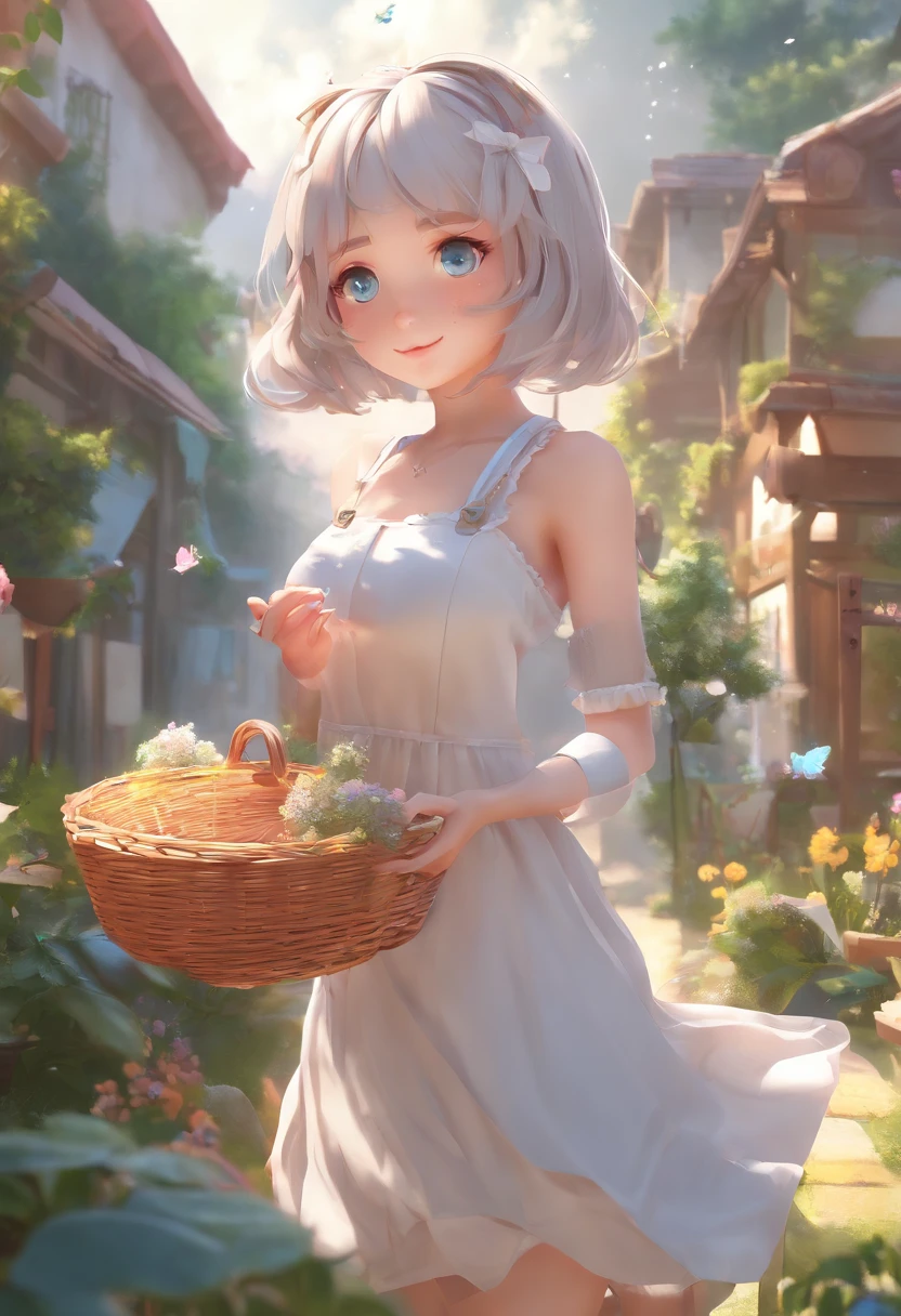 Cat-eared girl in white dress standing in garden, Break，silber hair，eBlue eyes，(((Sleeveless)))，Hang laundry to dry，Holding a laundry basket with clothes，loli in dress, small curvaceous loli, Guviz-style artwork, Guweiz in Pixiv ArtStation, Guweiz on ArtStation Pixiv, Guviz, small li girl, Soft anime illustration, Anime visuals of cute girls, Detailed digital anime art